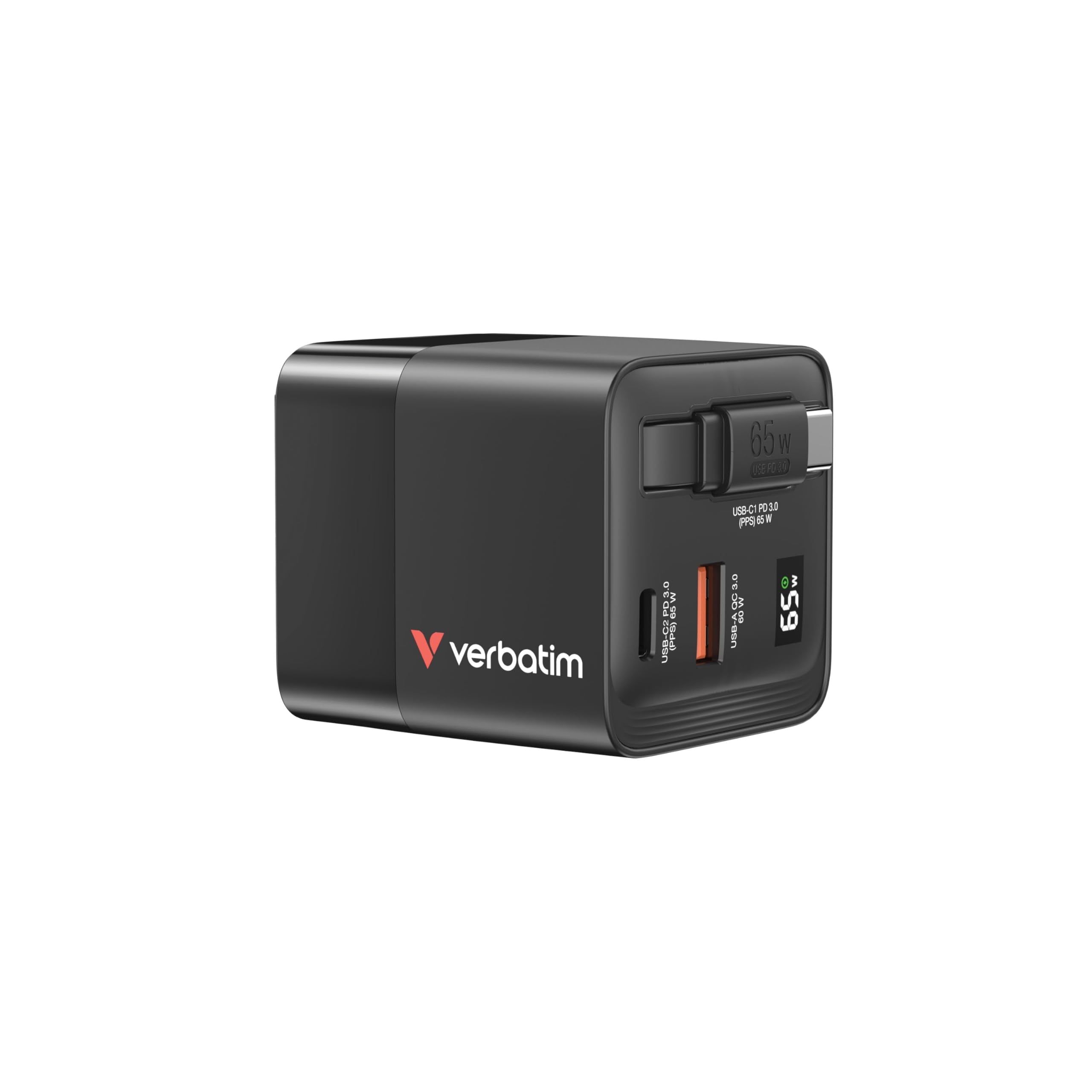 VERBATIM GAN CHARGER 65W 2 PORT RETR CABLE US/EU/UK ADP WCF (P)