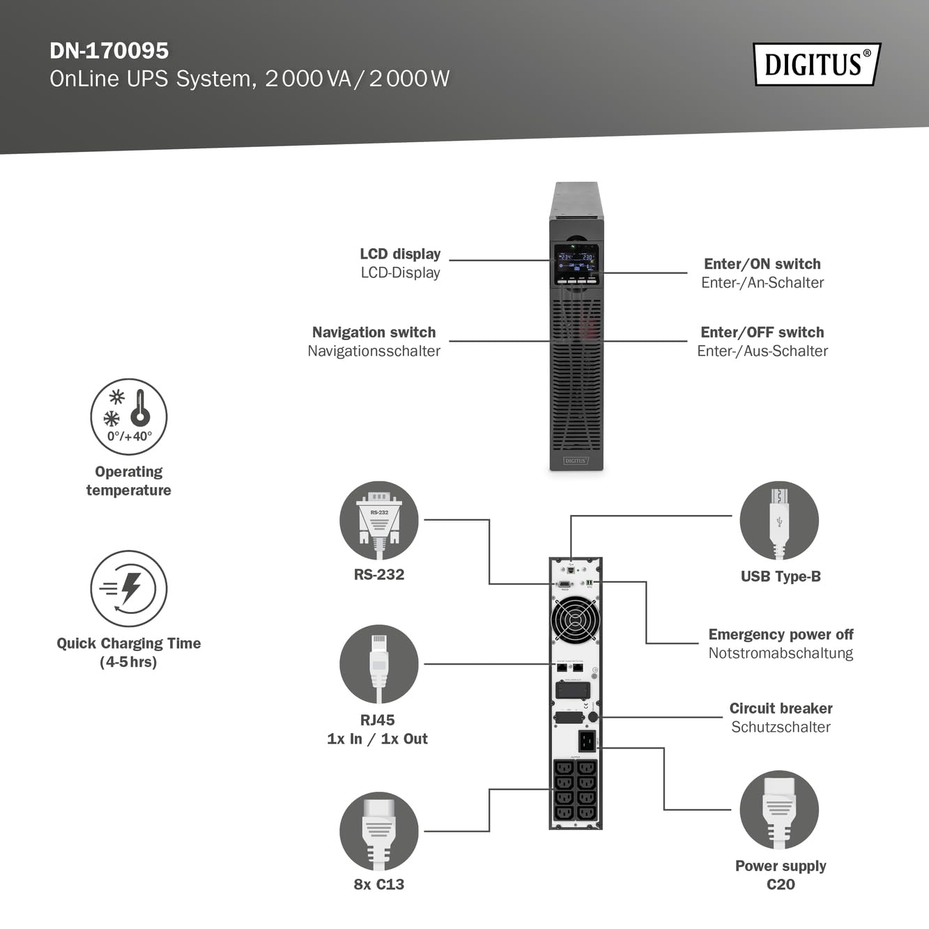 Digitus DN-170095 alimentation d'énergie non interruptible Double-conversion (en ligne) 1,5 kVA 8 sortie(s) CA