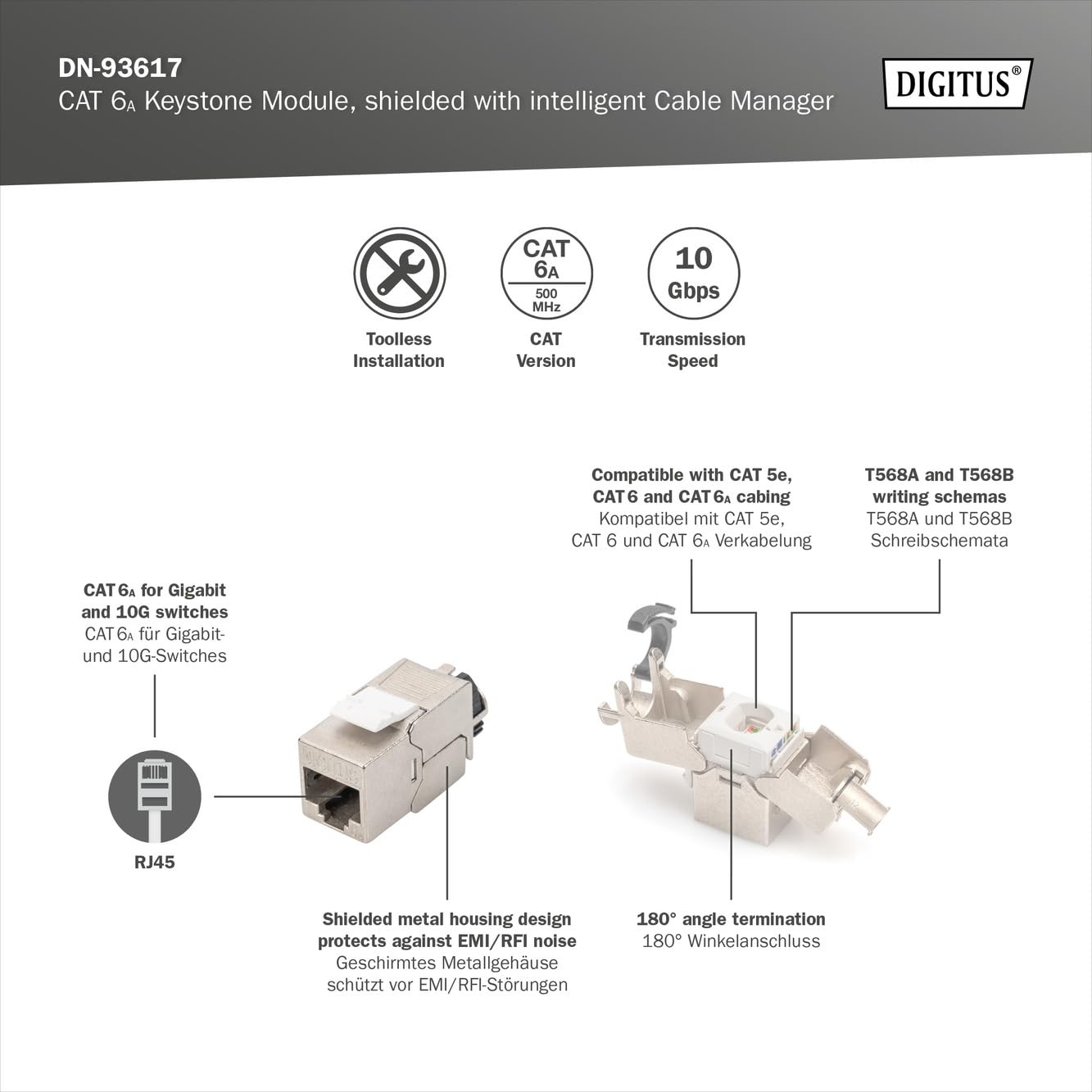 Module Keystone CAT 6A - blindé avec gestionnaire de câbles intelligent - Argent - Rj-45 - 19 g - Chine