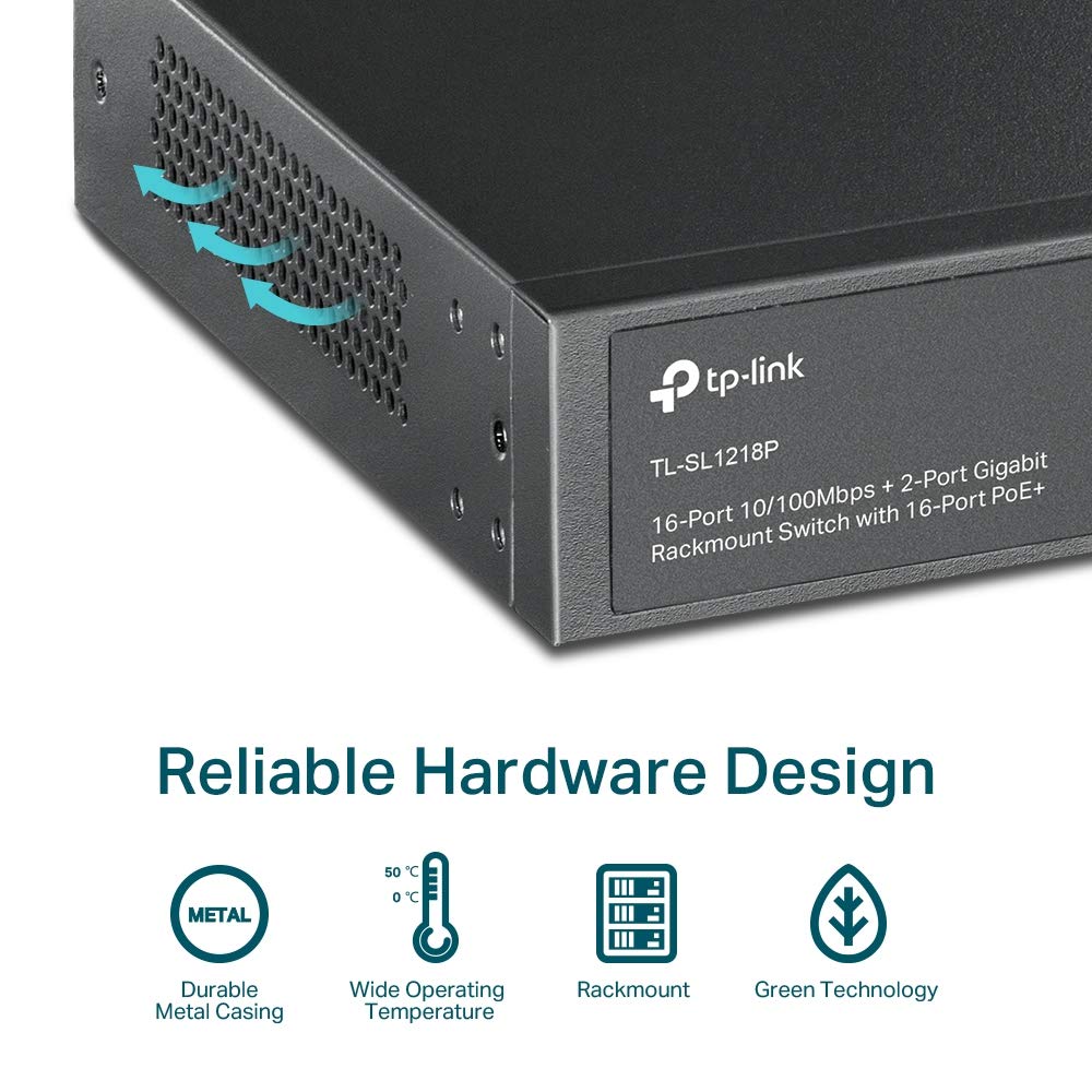 TP-LINK 16-Port 10/100Mbps + 2-Port Gigabit Rackmount Switch with 16-Port PoE+