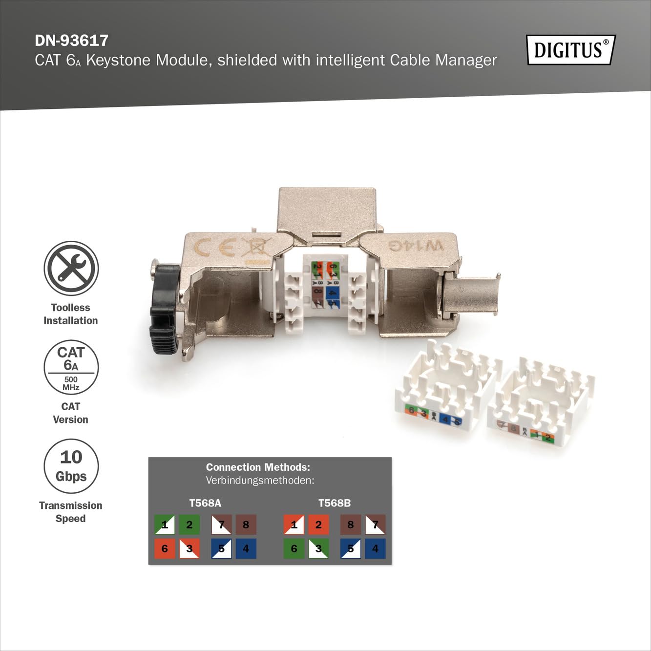 Module Keystone CAT 6A - blindé avec gestionnaire de câbles intelligent - Argent - Rj-45 - 19 g - Chine