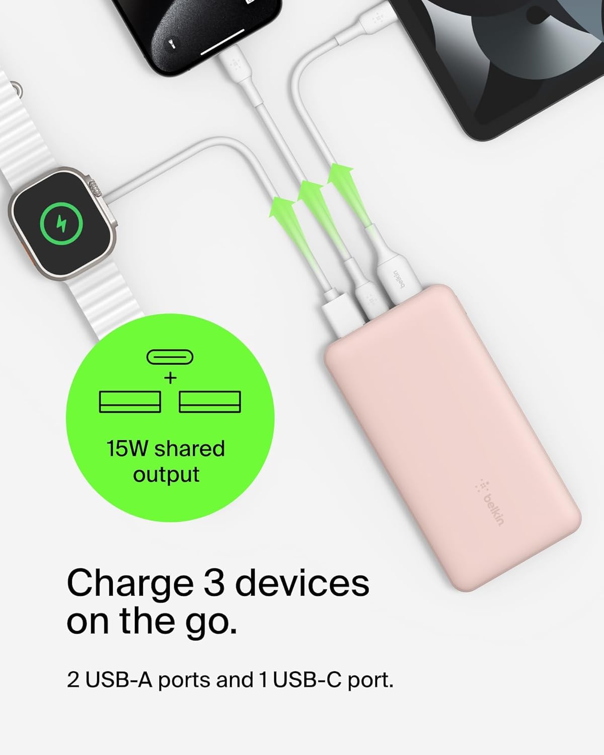 BELKIN Batterie externe 3 ports 10K avec câble USB-A vers USB-C rose