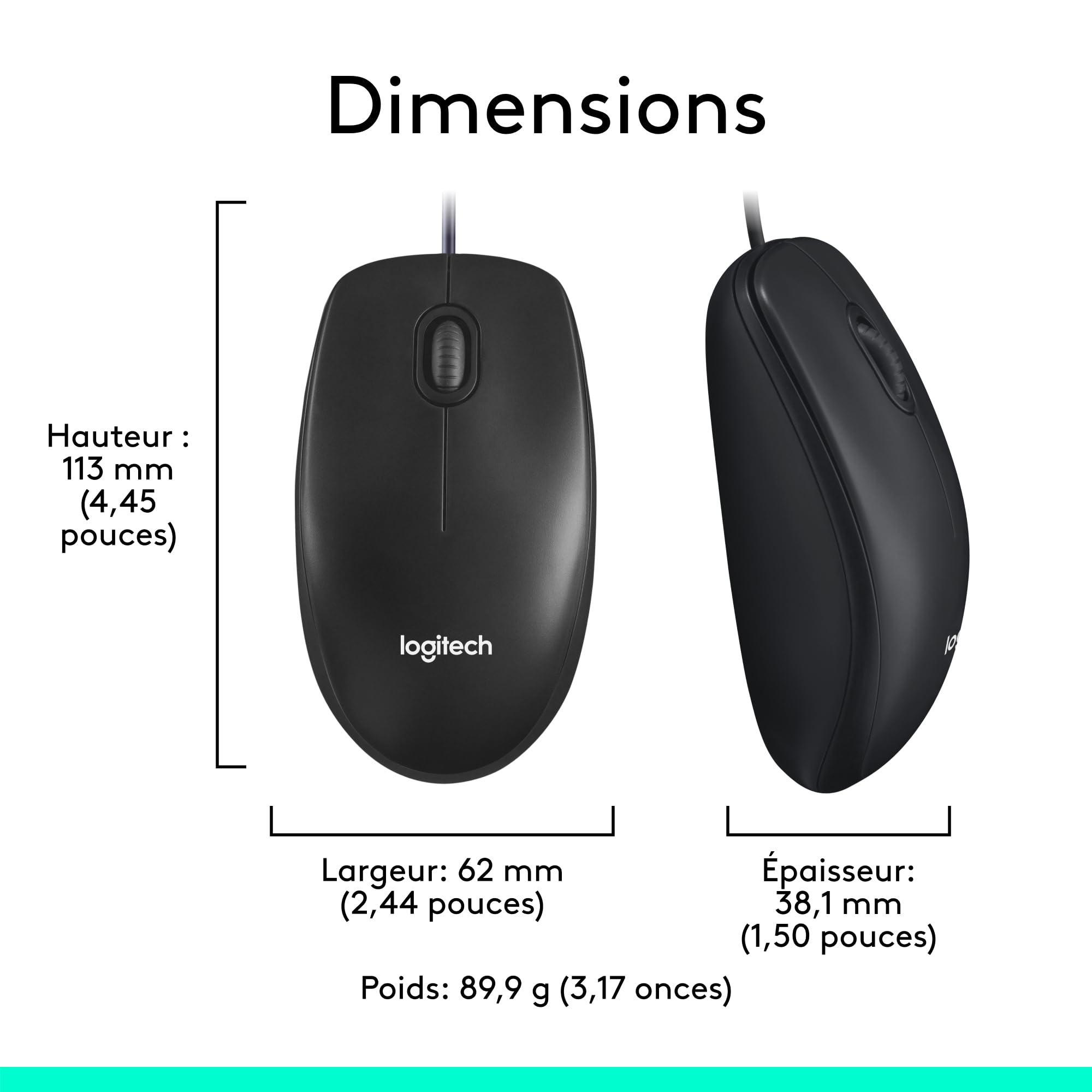 LOGITECH M100 Mouse full size right and left-handed optical 3 buttons wired USB black