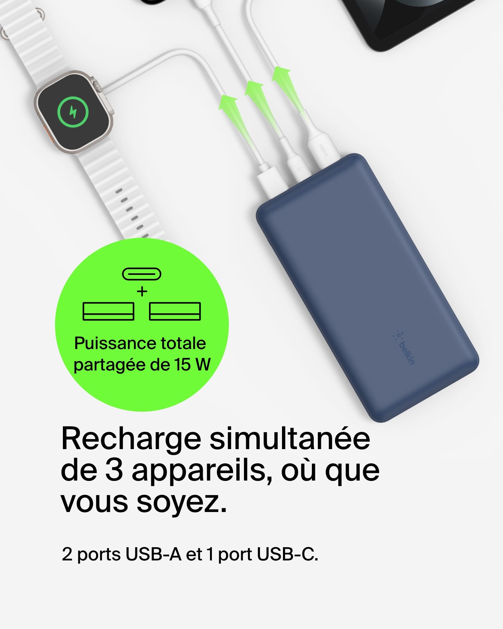 BELKIN Powerbank 20K 15W USB-C + 2 USB-A Bleu
