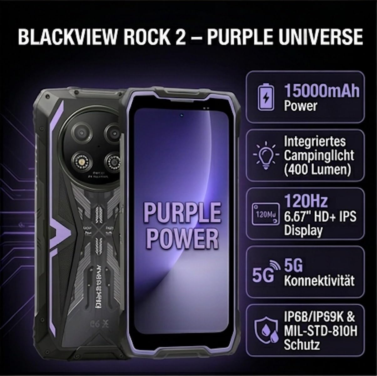 Blackview Rock 2 (NFC - 6.67'' - 256 Go, 8 Go RAM - 15000mAh) Violet