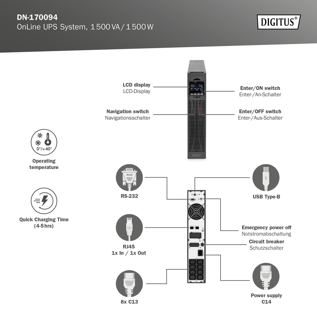 Digitus DN-170094 alimentation d'énergie non interruptible Double-conversion (en ligne) 1,5 kVA 8 sortie(s) CA