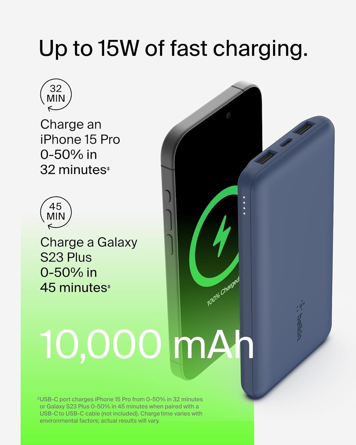 BELKIN Batterie externe 3 ports 10K avec câble USB-A vers USB-C bleu