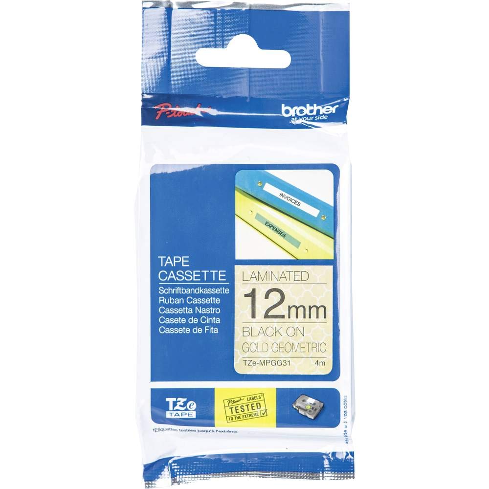 BROTHER Ruban laminé Noir sur Motifs Or 12mm (4m)