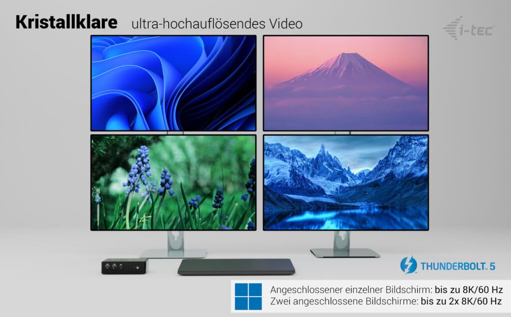 I-TEC Thunderbolt 5 Quattro Display DS 2xTB5 2xHDMI 1x2.5GLAN 1xAudio/Mic 1xUSB-C Gen2 4xUSB-A Gen2 SD+TF Cardreader PD 140W KL