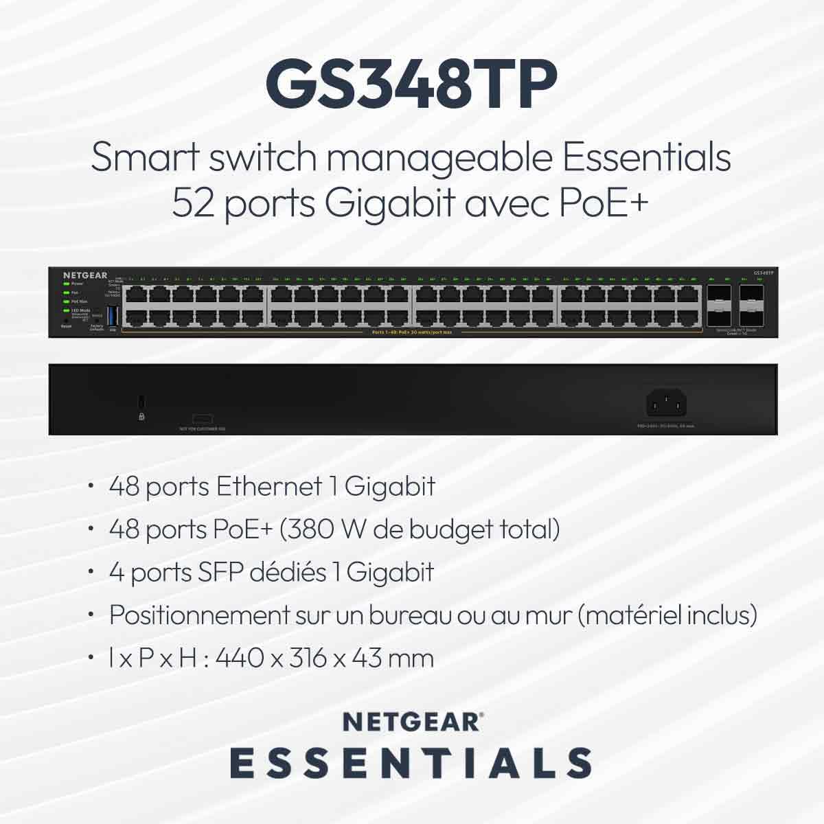 NETGEAR S350 Series 48-Port Gigabit Ethernet PoE+ Smart Managed Essentials Switch with 4 Dedicated SFP Ports