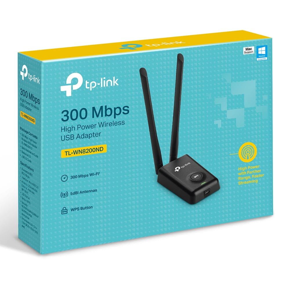 TP-LINK 300Mbps High Power Wireless USB Adapter 2.4GHz 802.11b/g/n High Power up to 500mw 2x5dBi detachable RP-SMA antennas 1xUSB