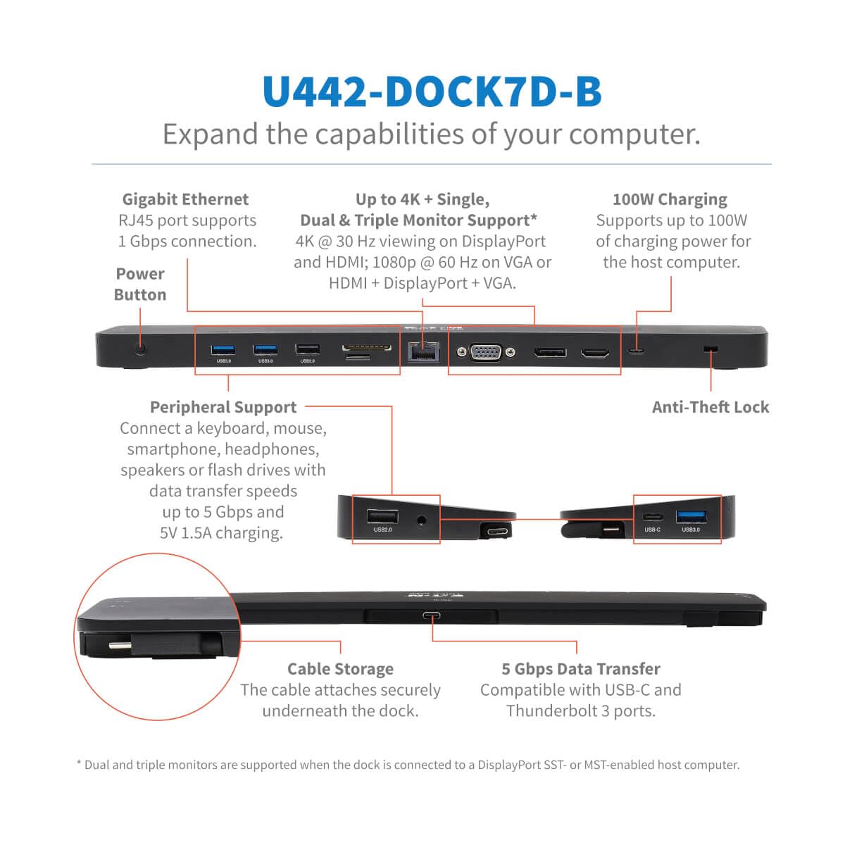 EATON TRIPPLITE USB-C Dock Triple Display 4K HDMI & DP VGA USB 3.2 Gen 1 USB-A/C Hub GbE 100W PD Charging