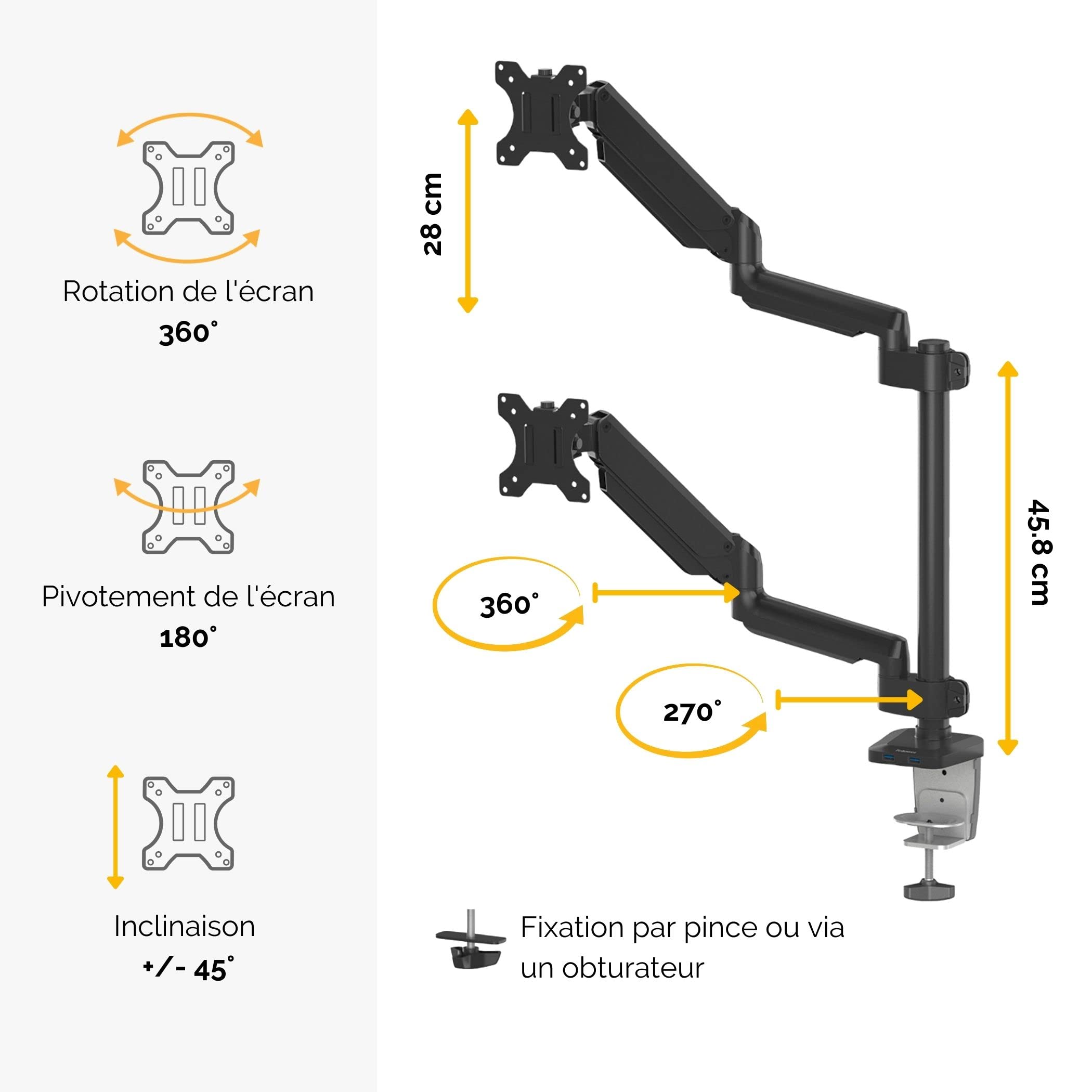 FELLOWES Bras porte-écrans double vertical Platinum Series