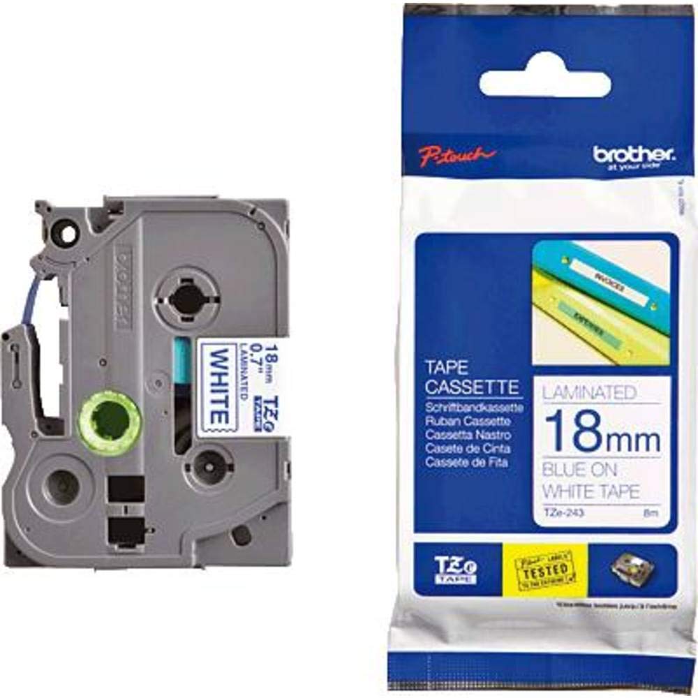 BROTHER P-TOUCH TZE-243 bleu sur blanc 18mm