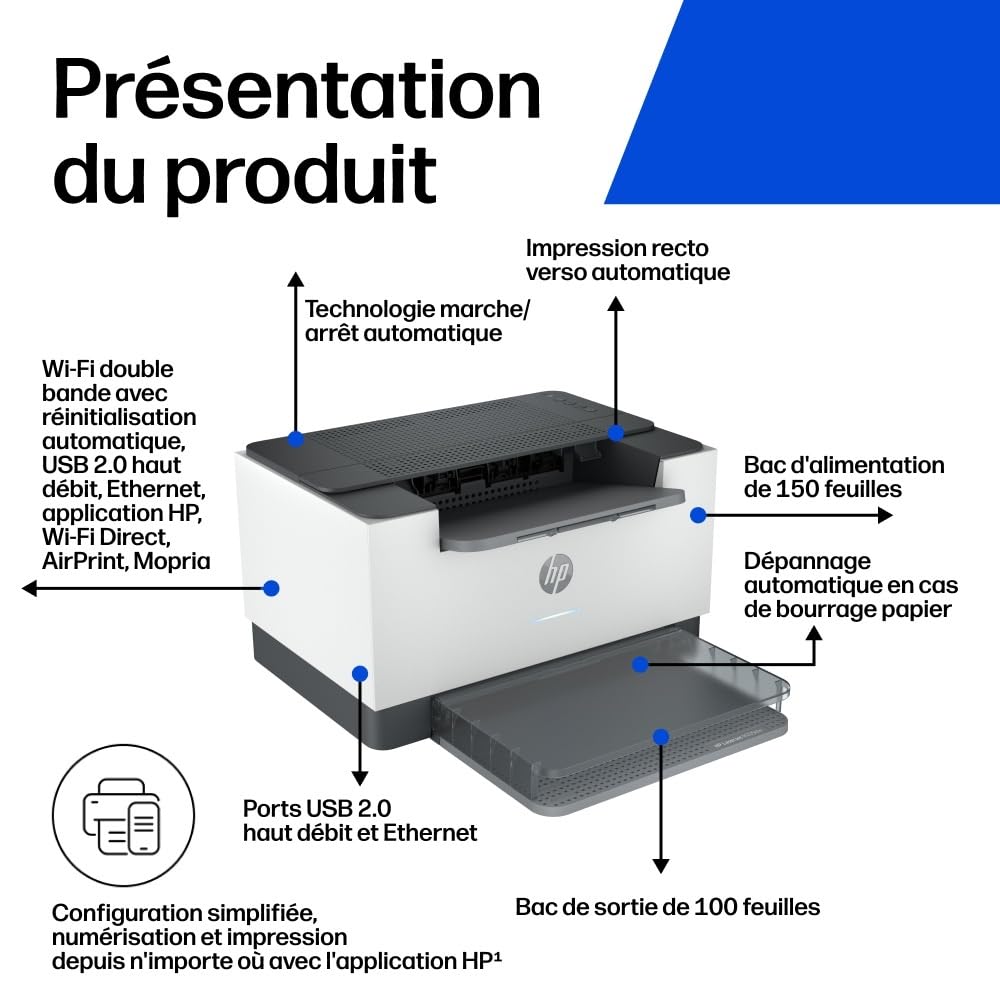 HP LaserJet M209dw Printer Mono B/W Duplex laser A4 600x600dpi 29ppm capacity: 150 sheets USB 2.0 LAN Wi-Fi Bluetooth LE