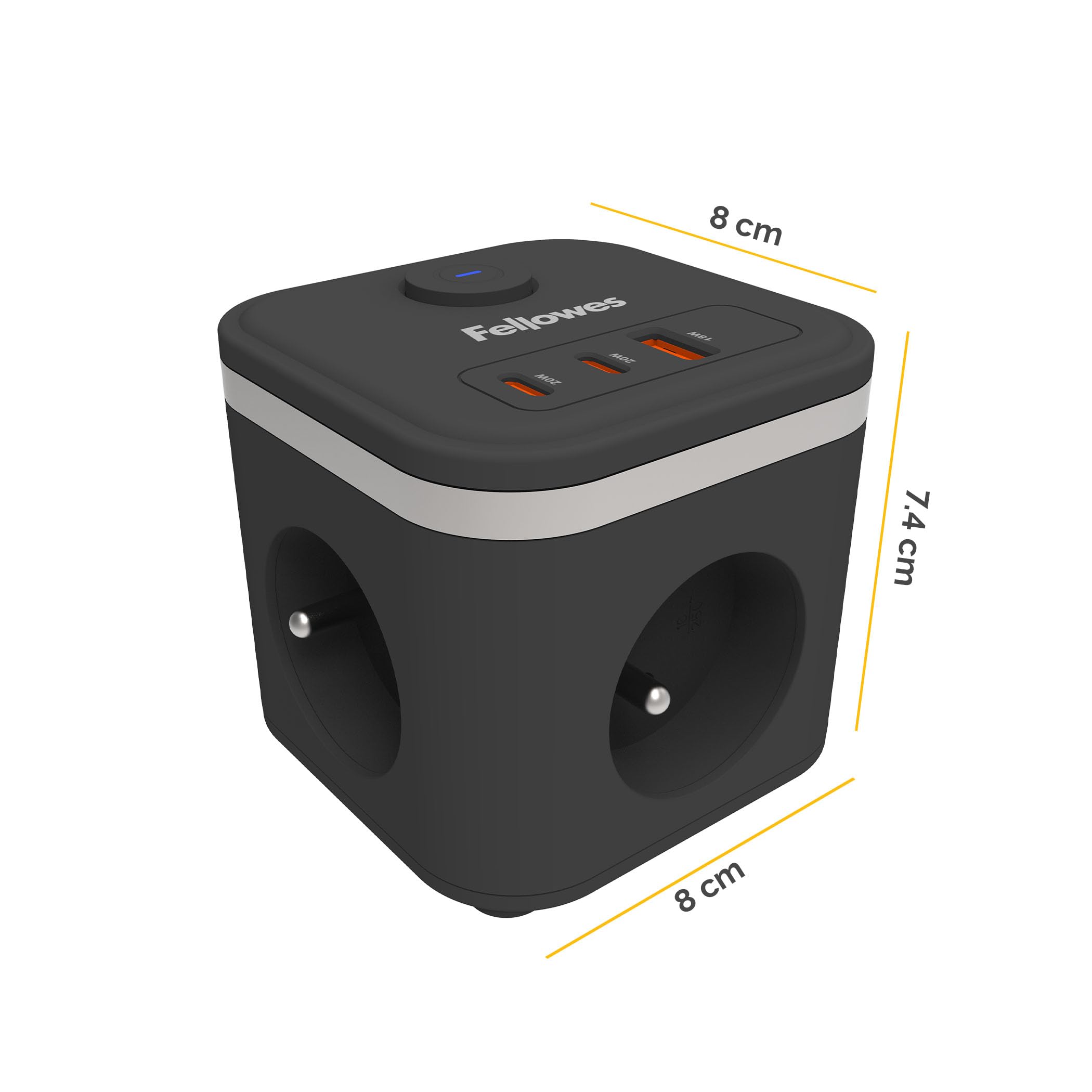 FELLOWES POWER CUBE TYPE E - NOIR MULTI PRISE Équipé de 3 x prises de courant 230v 1 x port USB-A 18W max et 2 x ports USB-C 20W max