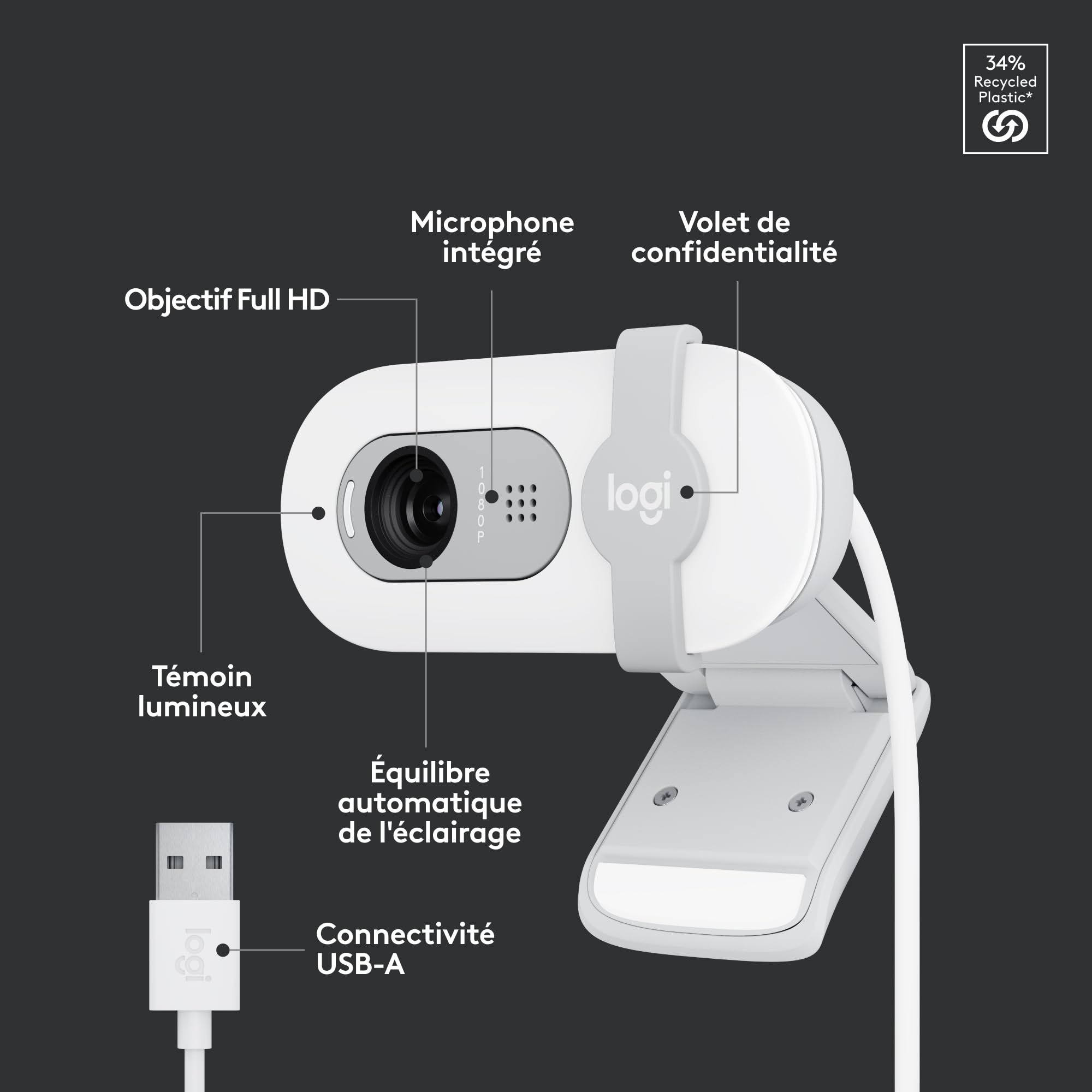 LOGITECH BRIO 100 Webcam colour 2 MP 1920 x 1080 720p 1080p audio wired USB