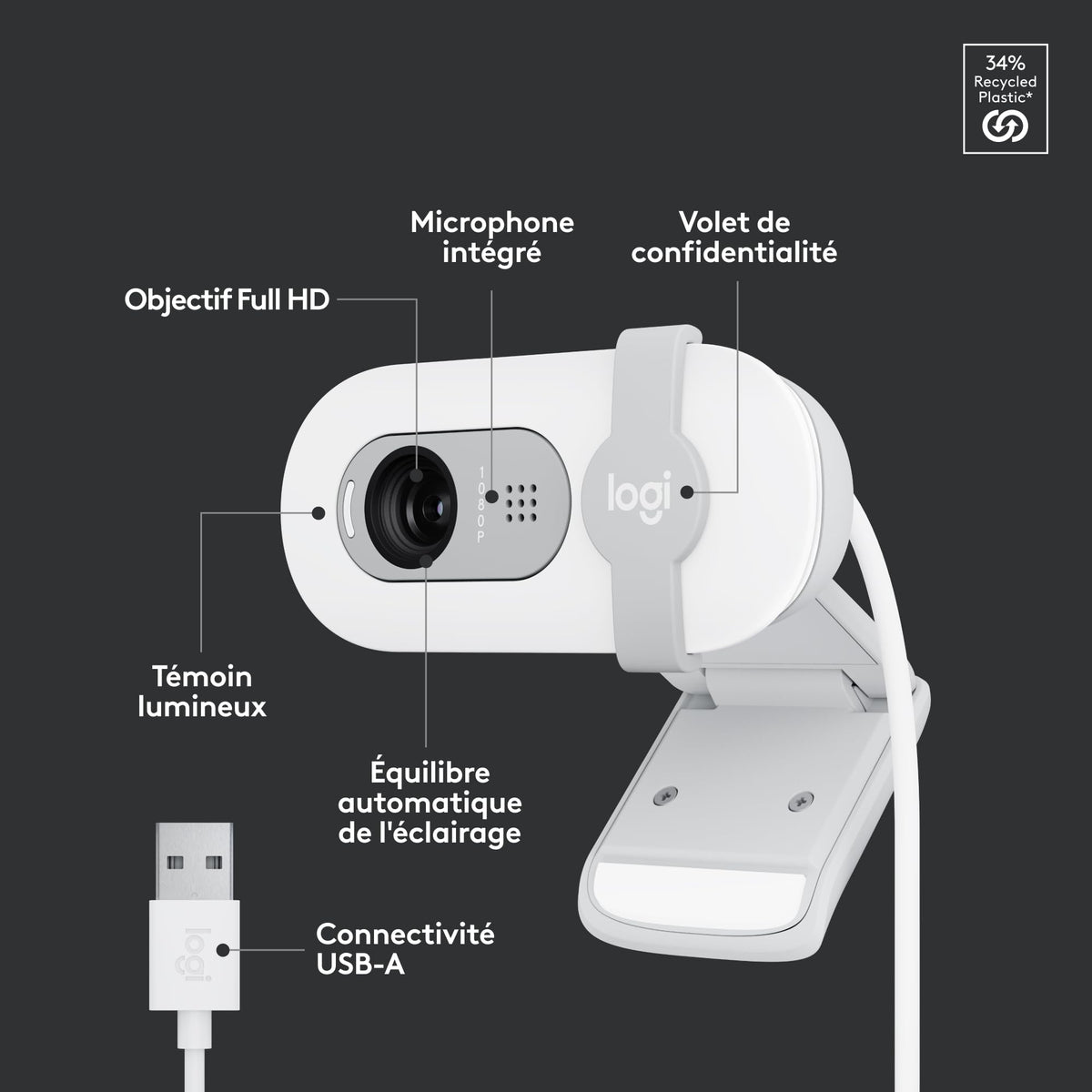 LOGITECH BRIO 100 Webcam colour 2 MP 1920 x 1080 720p 1080p audio wired USB