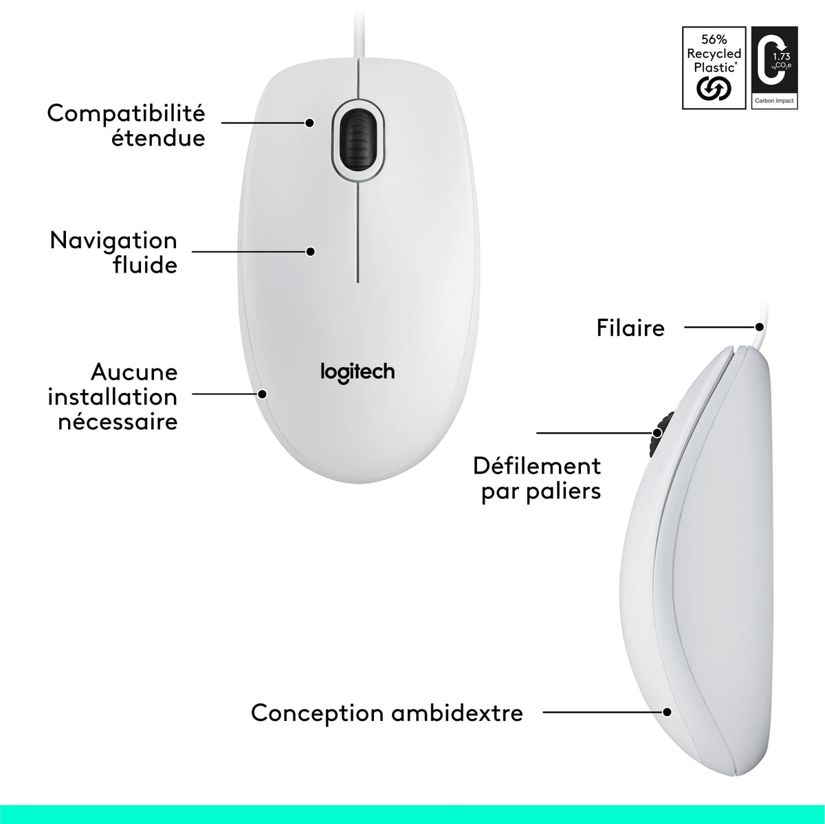 LOGITECH M100 Mouse full size right and left-handed optical 3 buttons wired USB