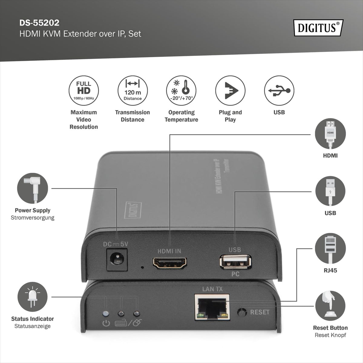 Digitus DS-55202 extension KVM Émetteur et récepteur