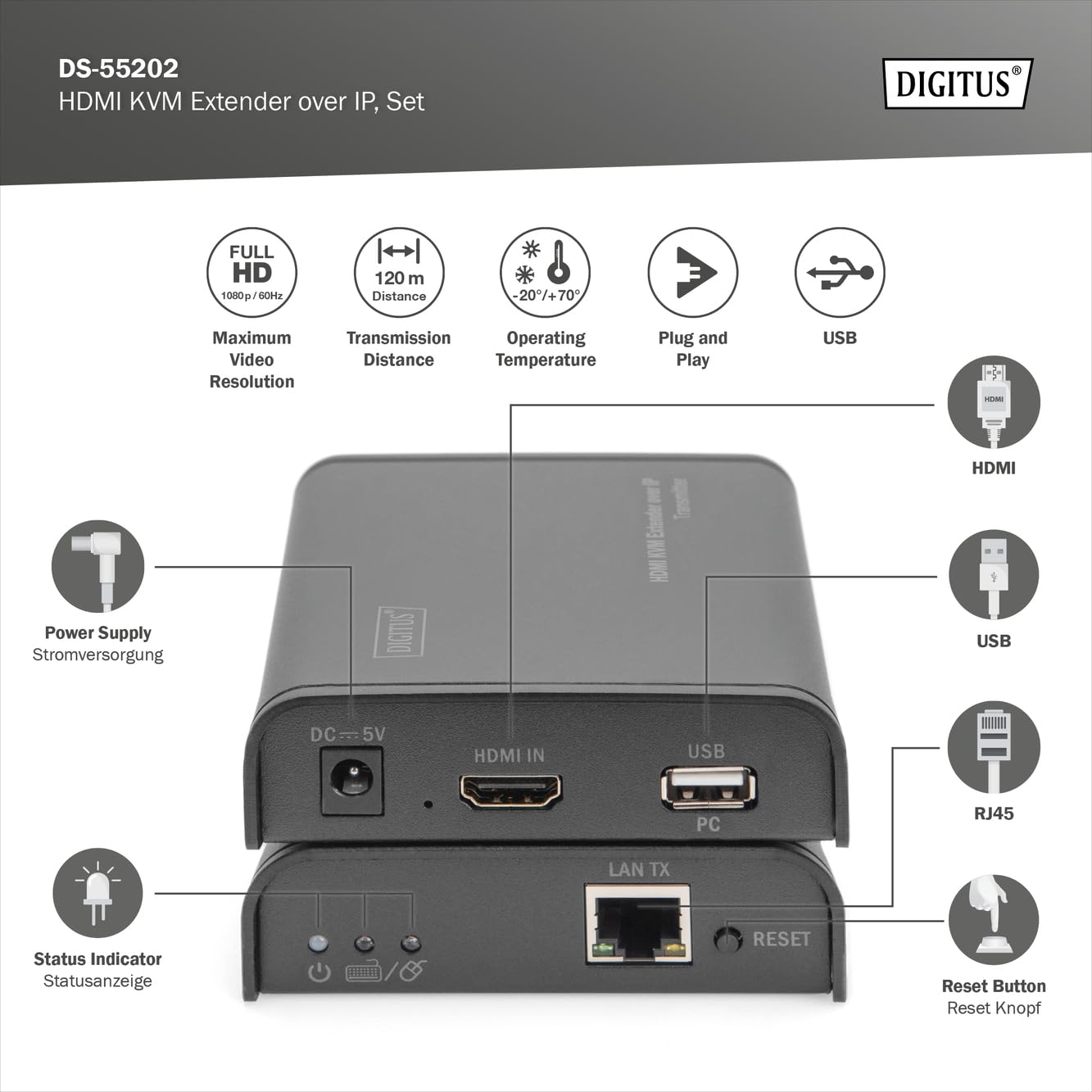 Digitus DS-55202 extension KVM Émetteur et récepteur