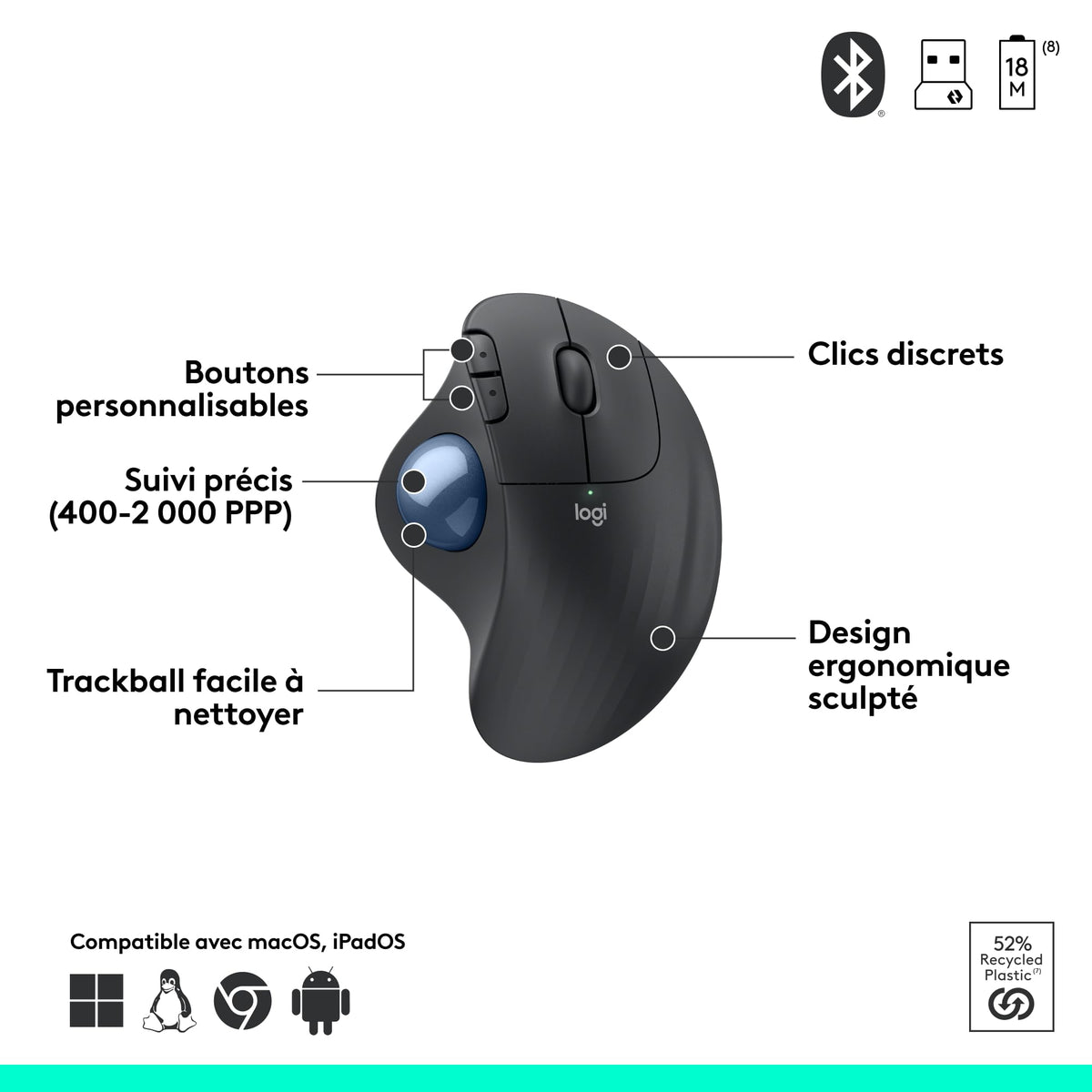 LOGITECH ERGO M575 for Business Trackball right-handed optical 5 buttons wireless Bluetooth Bolt USB receiver graphite