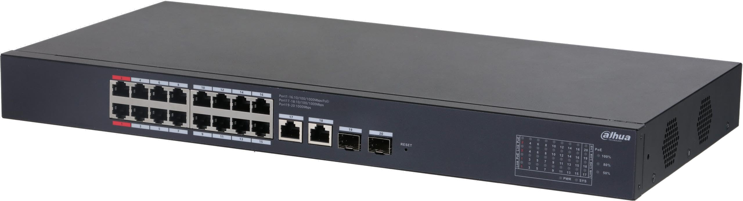 DAHUA- Switch 16 ports PoE 1 Gbps budget 240 W - DH-CS4220-1