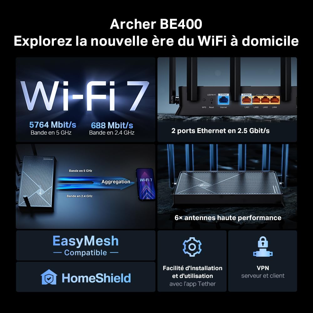 TP-LINK BE6500 Dual-Band Wi-Fi 7 Router 688Mbps at 2.4GHz + 5764Mbps at 5GHz 6xAntennas 2.0 GHz Quad-Core CPU 1x2.5Gbps WAN port