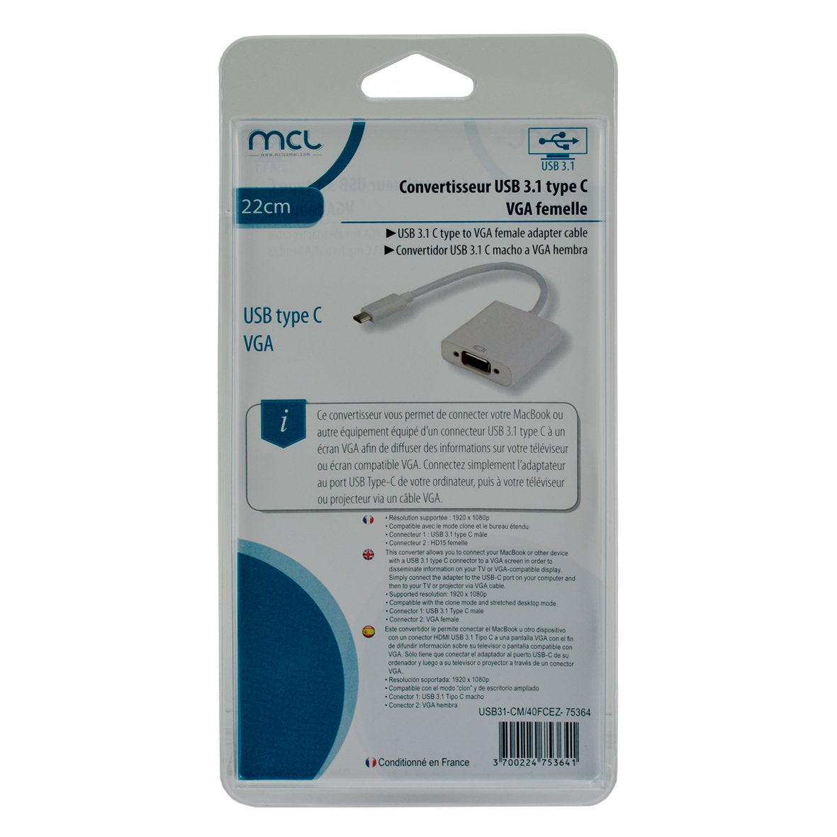 MCL Convertisseur USB 3.1 type C / VGA femelle - 22cm