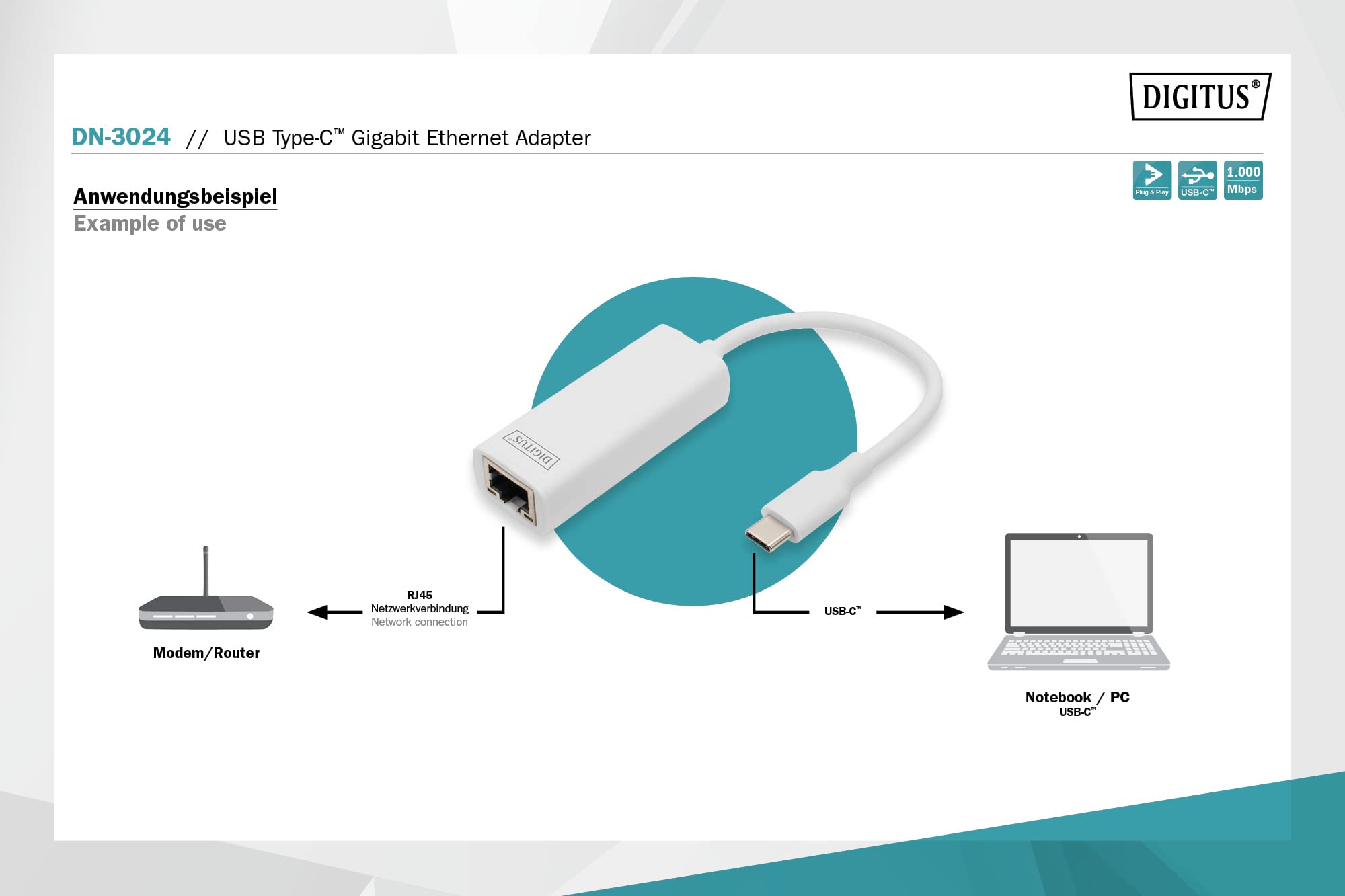 Digitus Adaptateur Ethernet Gigabit USB de Type-C™