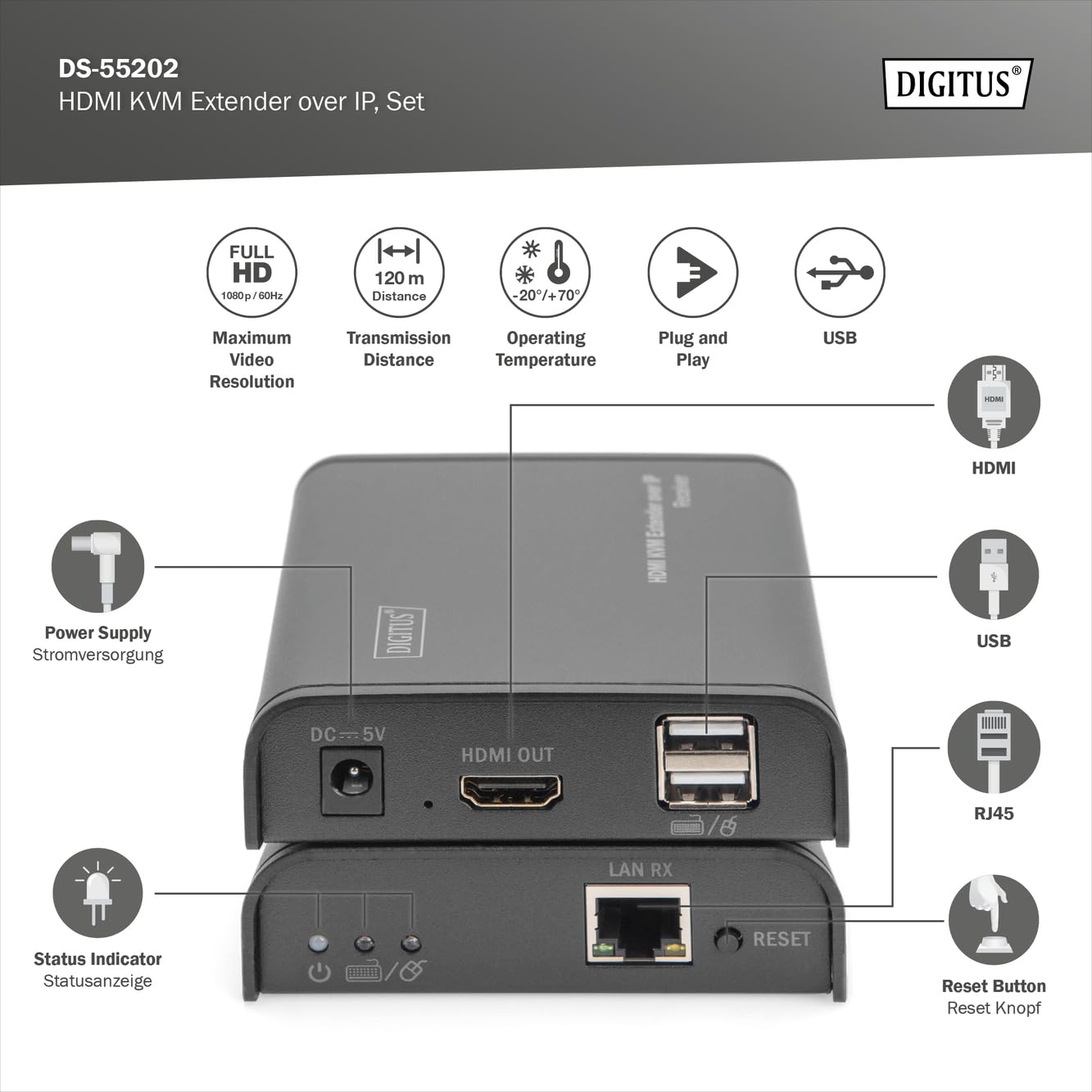 Digitus DS-55202 extension KVM Émetteur et récepteur