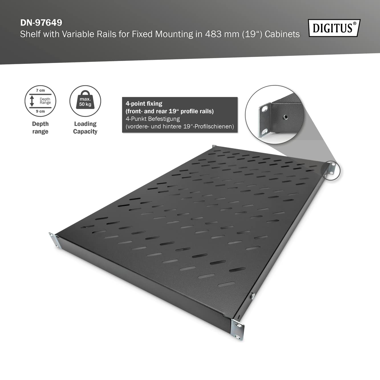 Digitus Étageres avec rails de fixation variables pour montage fixe dans les armoires de 483 mm (19 po)