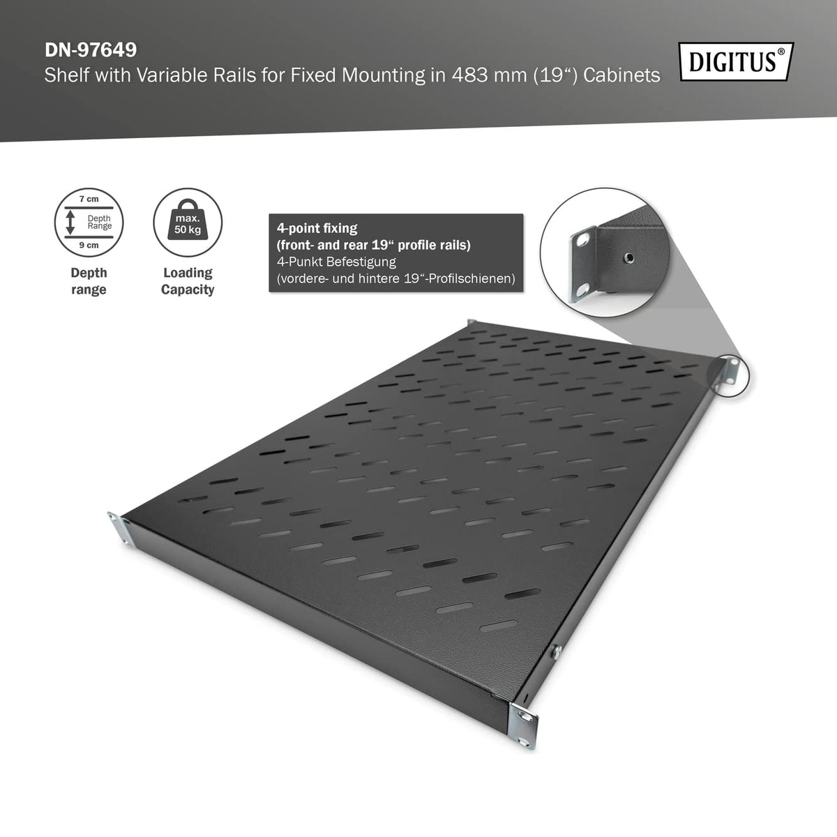 Digitus Étageres avec rails de fixation variables pour montage fixe dans les armoires de 483 mm (19 po)