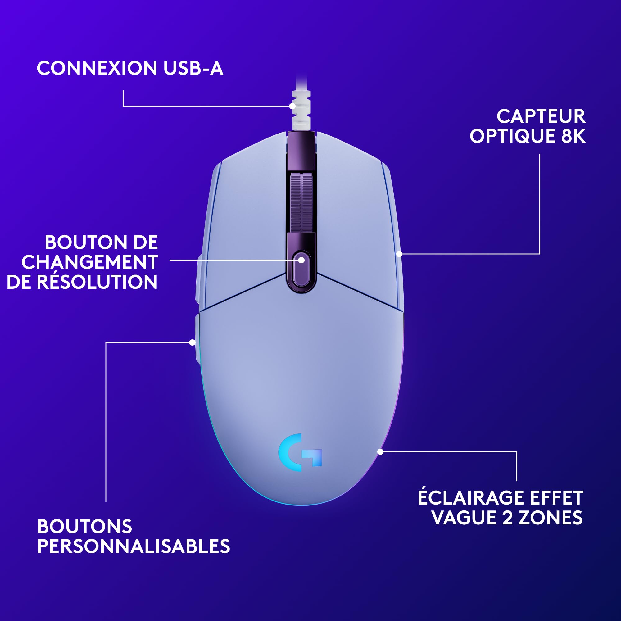 LOGITECH Gaming Mouse G203 LIGHTSYNC Mouse optical 6 buttons wired USB lilac for Komplett Epic Gaming PC a125