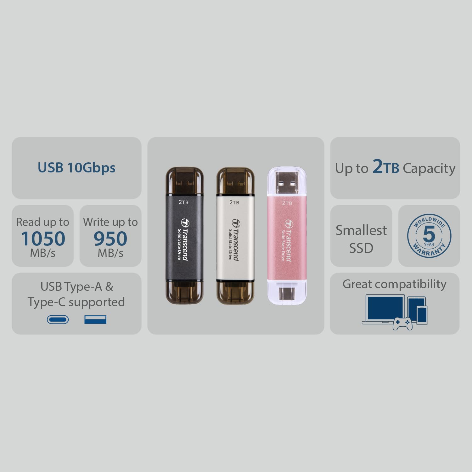 TRANSCEND ESD310S 2To External SSD USB 10Gbps Type C/A Silver