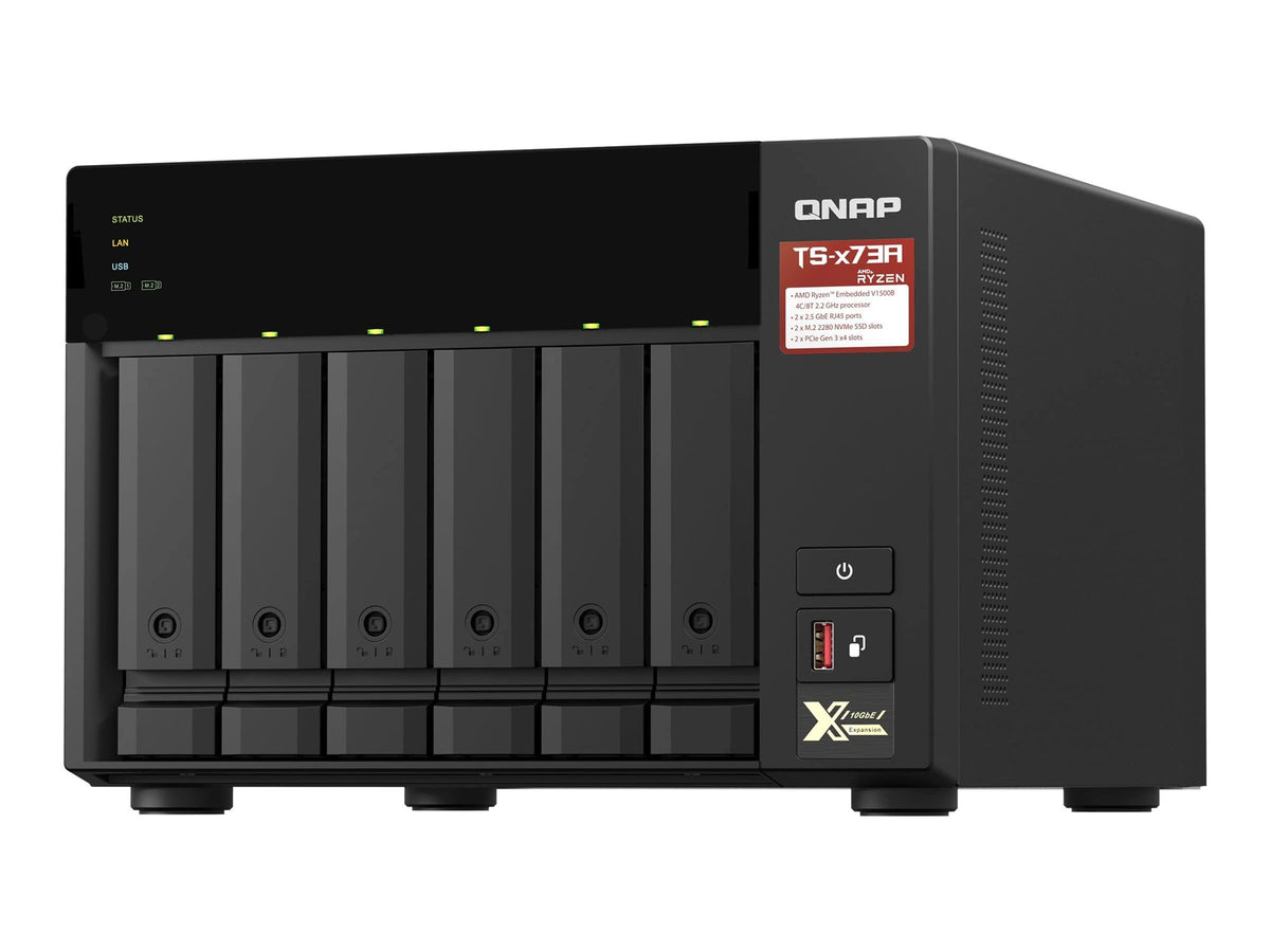 QNAP 6-bay NAS AMD Ryzen Embedded V1500B 2.2GHz 8Go 6xSATA 6Gb/s bays 2xM.2 NVMe PCIe Gen3 SSD slots 2x2.5GbE LAN optional 10GbE