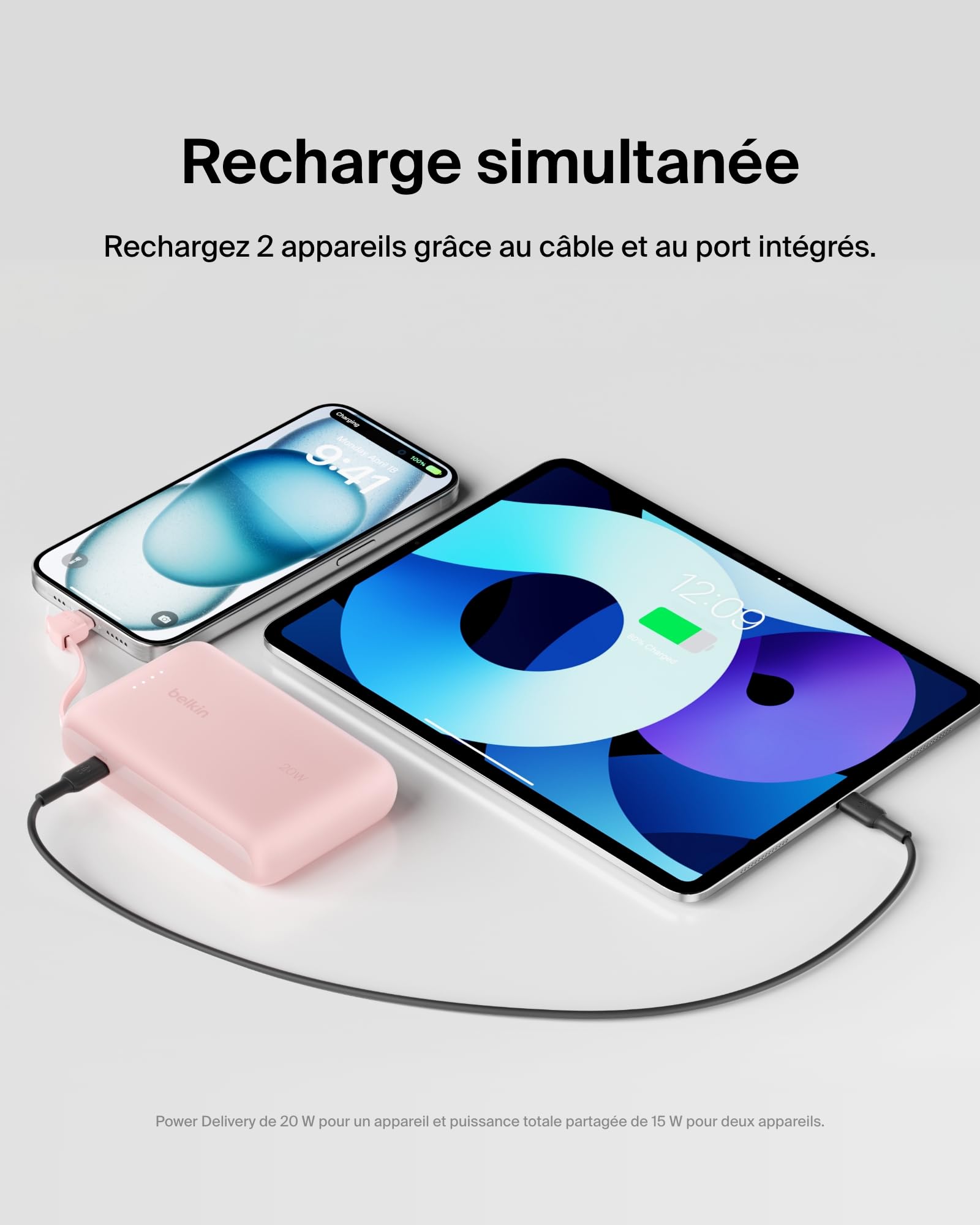 BELKIN 10k PD20w Integrated USB-C Cable Power Bank Pink
