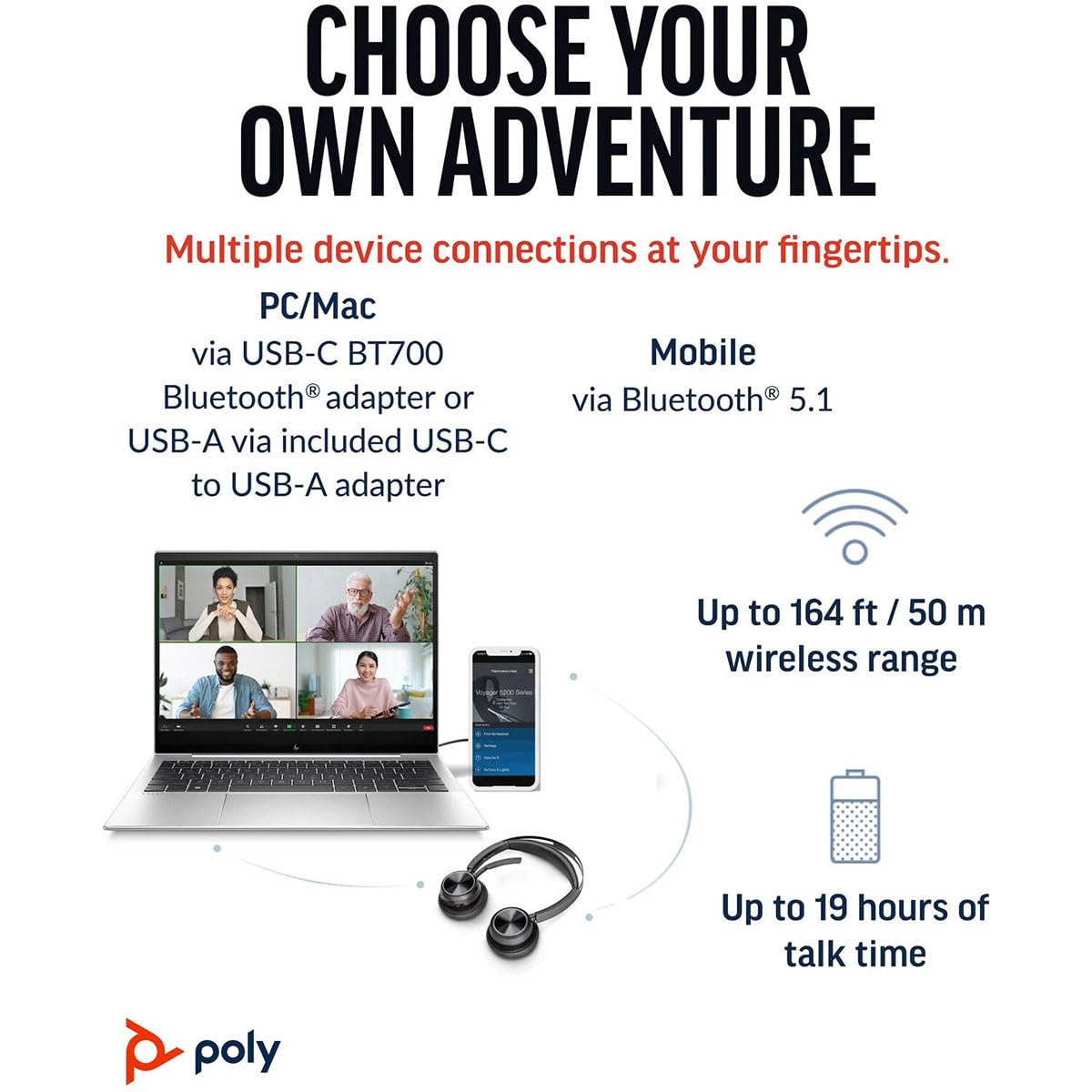 HP Poly Voyager Focus 2 Microsoft Teams Certified USB-C Bluetooth Headset +USB-C/A Adapter + Charging Stand No localization