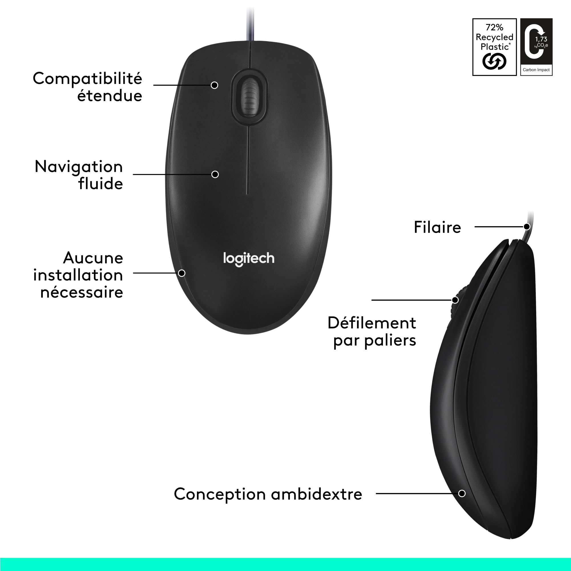 LOGITECH M100 Mouse full size right and left-handed optical 3 buttons wired USB black