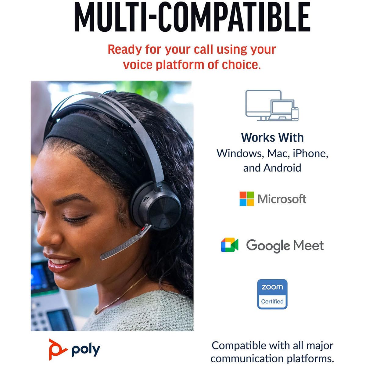 HP Poly Voyager Focus 2 USB-C Bluetooth Headset +USB-C/A Adapter +Charging Stand