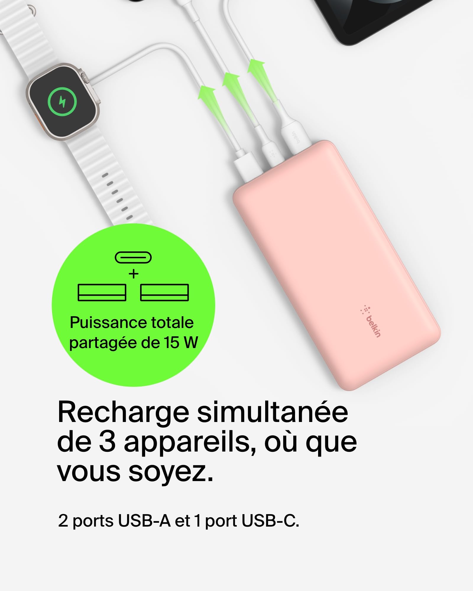 BELKIN Powerbank 20K 15W USB-C cable inclus + 2 USB-A Rose