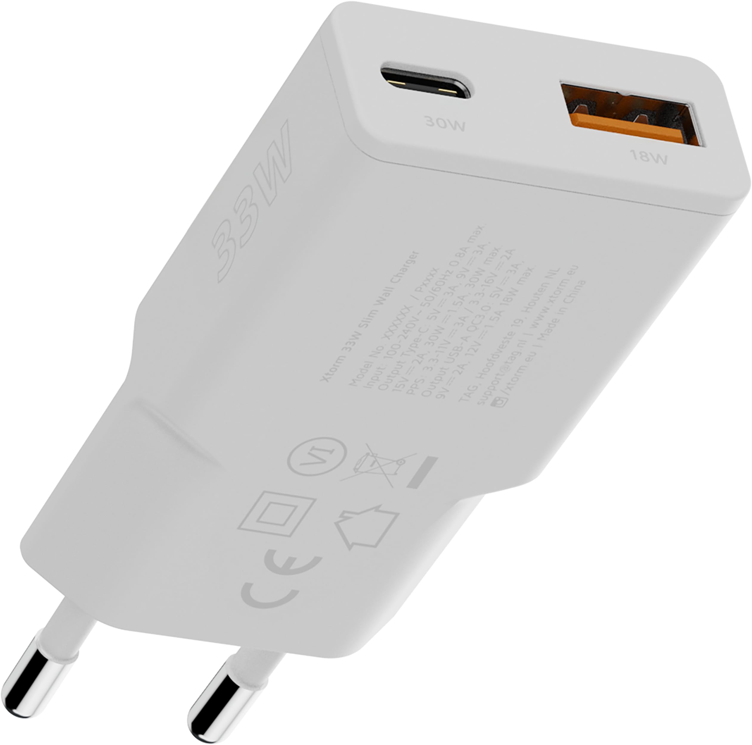 XTORM Chargeur mural slim XG2SL033 33 W 2 ports USB-A USB-C PD certifié GRS