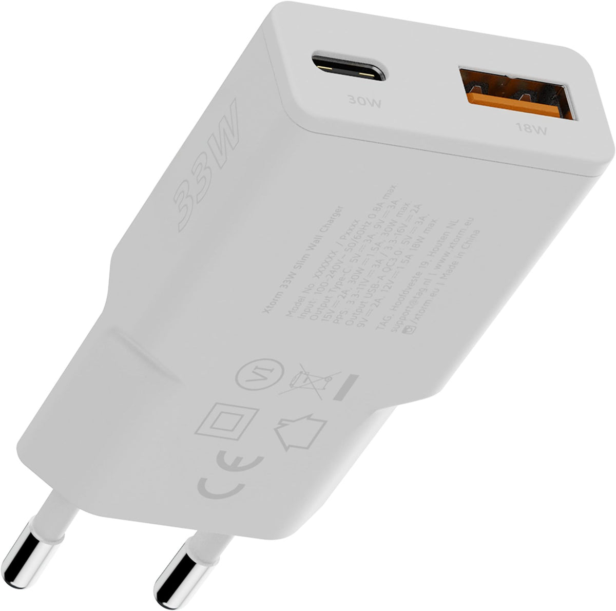 XTORM Chargeur mural slim XG2SL033 33 W 2 ports USB-A USB-C PD certifié GRS
