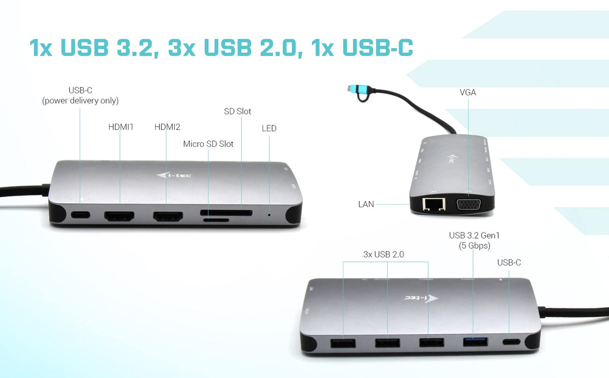 I-TEC USB-C Metal Nano Dock 2xHDMI 1xVGA 1xSD Cardreader 1xmicroSD Cardreader 1xGLAN 3xUSB 2.0 1xUSB 3.2 1xUSB-C3.2Data 1xUSB-C PD
