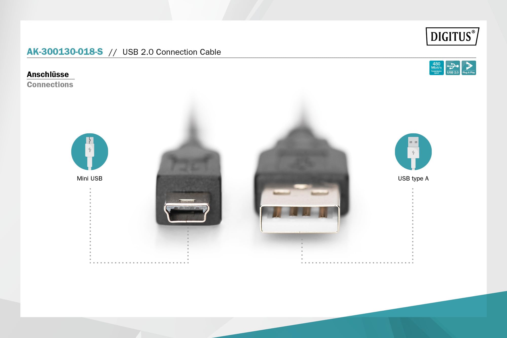 Digitus AK-300130-018-S câble USB USB 2.0 USB A Mini-USB B 0,48 Gbit/s Noir