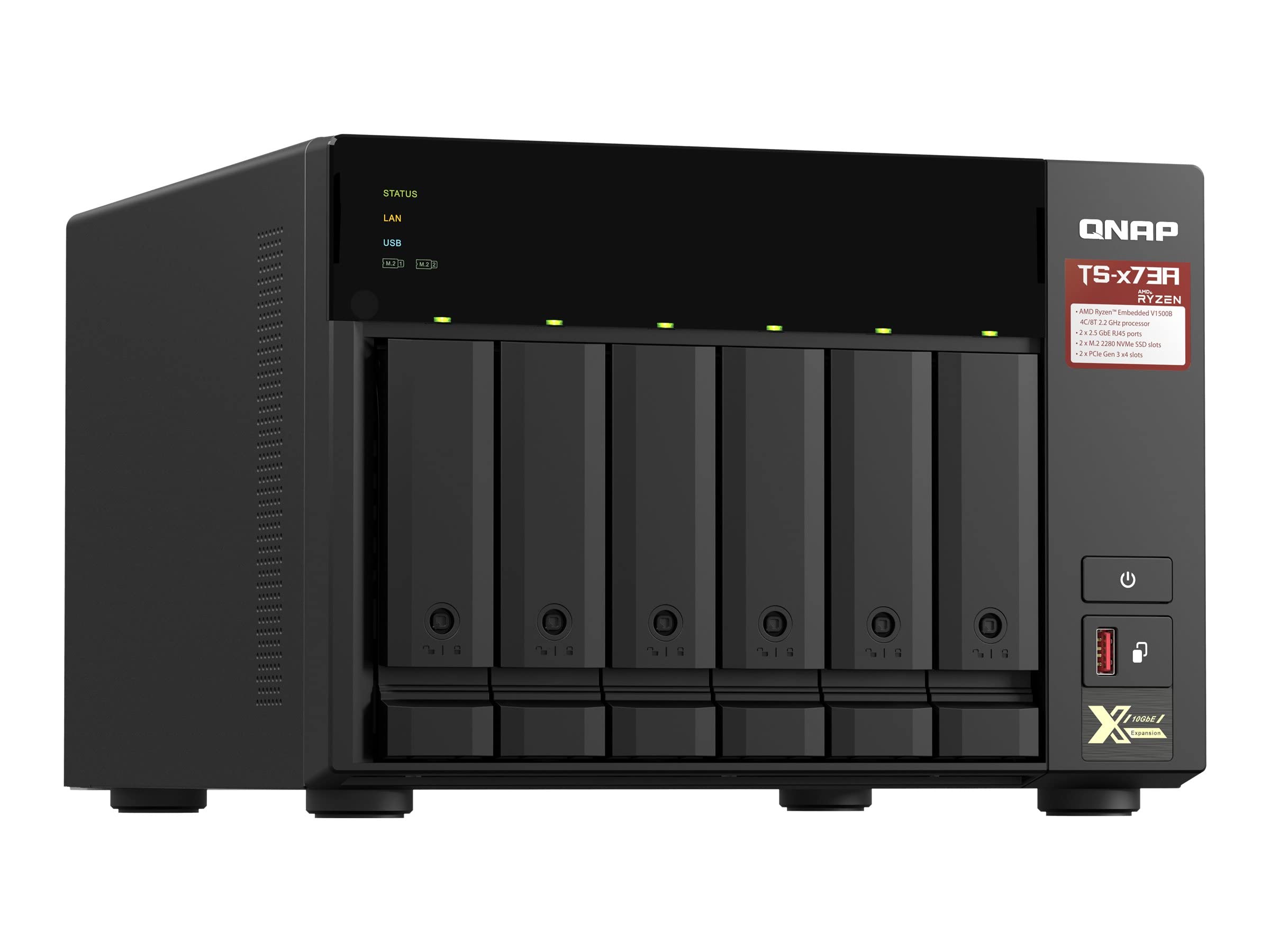 QNAP 6-bay NAS AMD Ryzen Embedded V1500B 2.2GHz 8Go 6xSATA 6Gb/s bays 2xM.2 NVMe PCIe Gen3 SSD slots 2x2.5GbE LAN optional 10GbE
