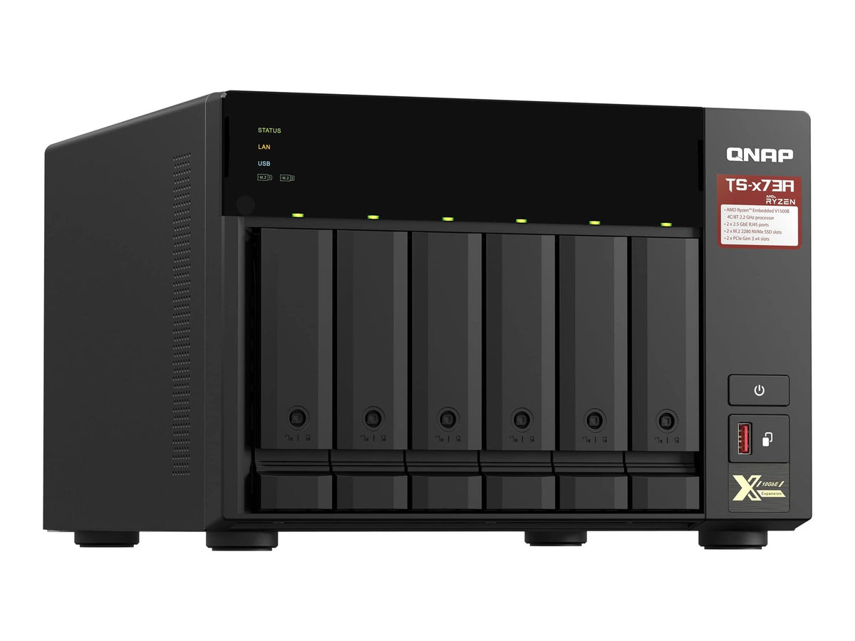 QNAP 6-bay NAS AMD Ryzen Embedded V1500B 2.2GHz 8Go 6xSATA 6Gb/s bays 2xM.2 NVMe PCIe Gen3 SSD slots 2x2.5GbE LAN optional 10GbE