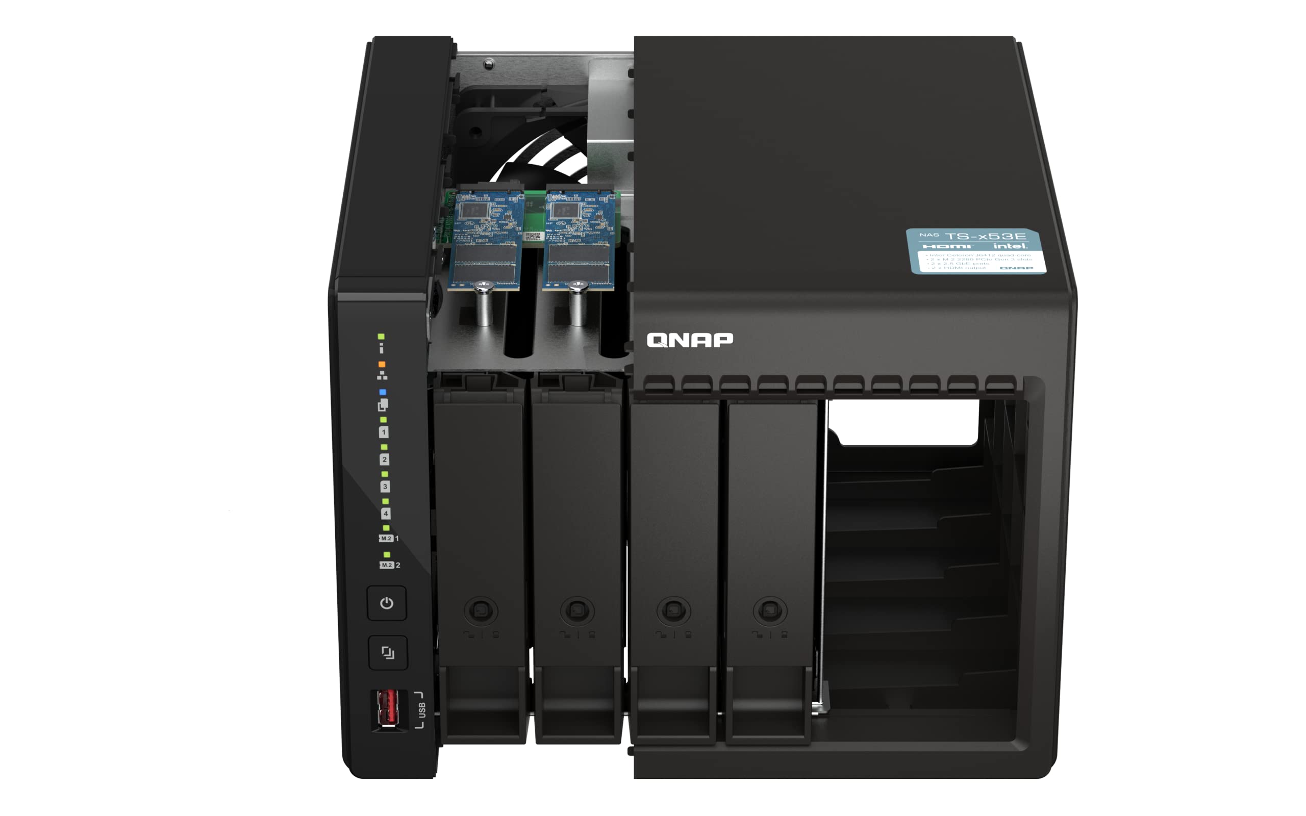 QNAP TS-453E-8G 4-bay desktop NAS Intel Celeron J6412 4C 2.0GHz burst 2.6GHz onboard 8Go RAM 2xHDMI 1.4b 2xM.2 2280 PCIe slots