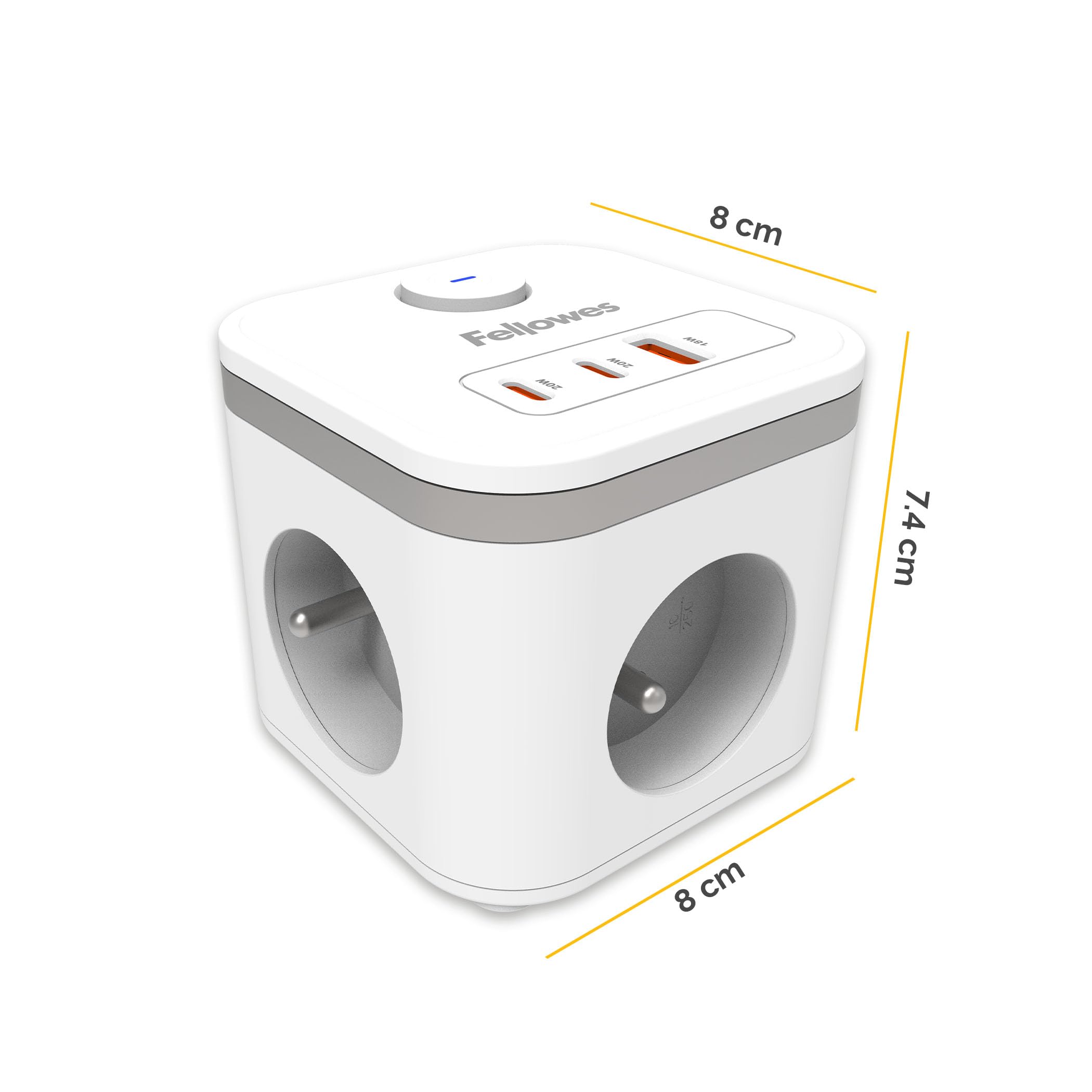 FELLOWES POWER CUBE TYPE E - BLANC MULTI PRISE Équipé de 3 x prises de courant 230v 1 x port USB-A 18W max et 2 x ports USB-C 20W