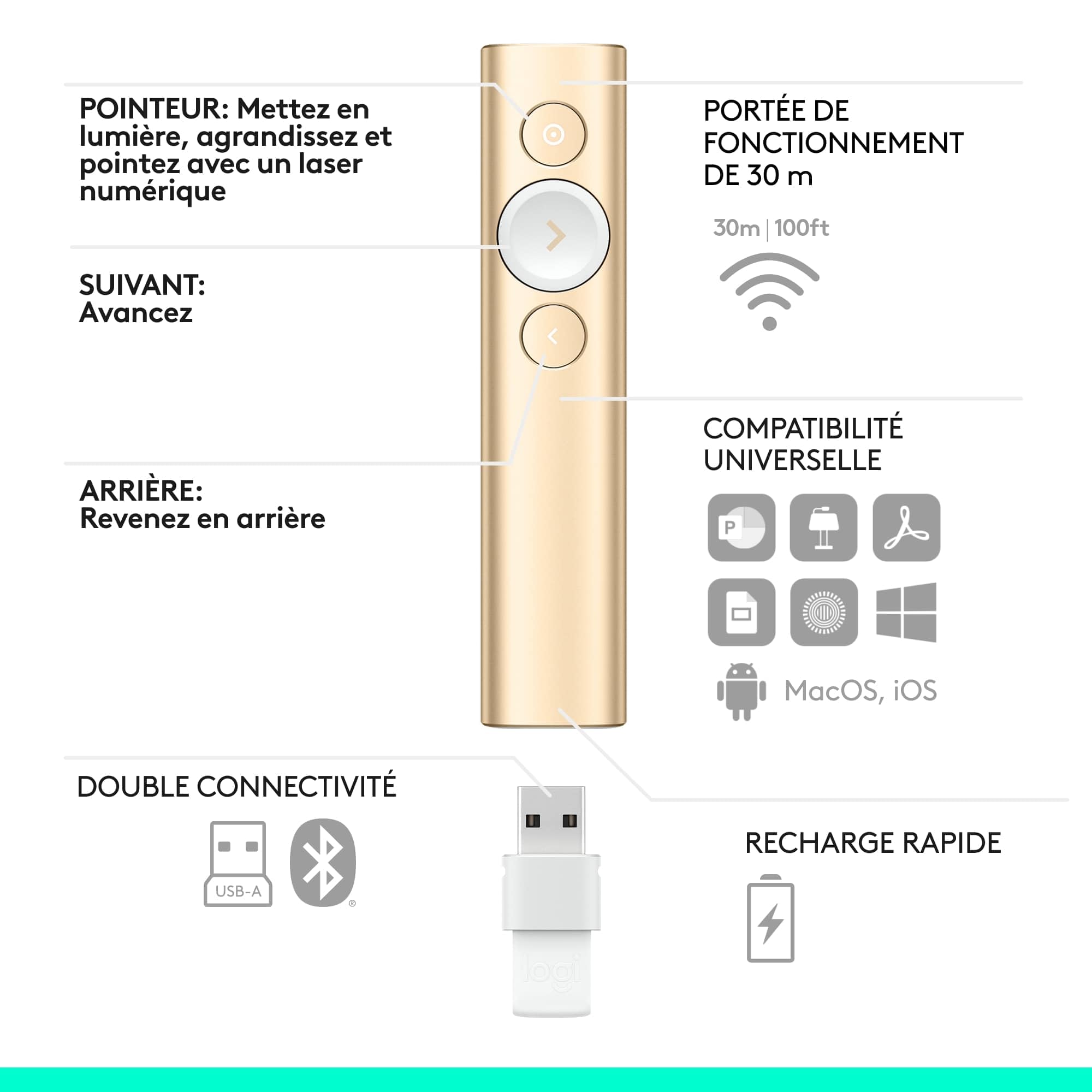 LOGITECH Spotlight Presentation remote control 3 buttons gold